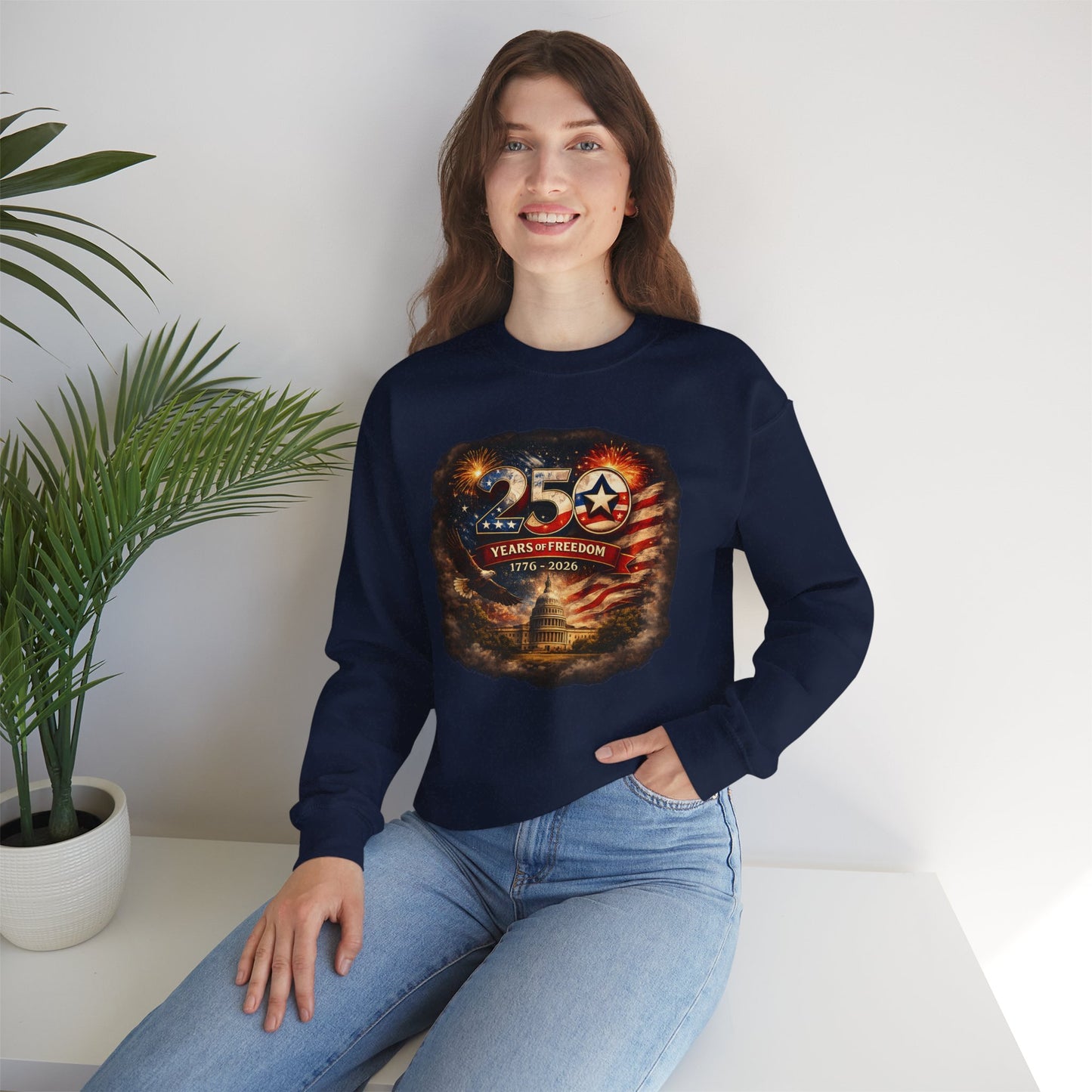 250th Anniversary Patriotic Crewneck Sweatshirt — "250 Years of Freedom" USA Flag Design