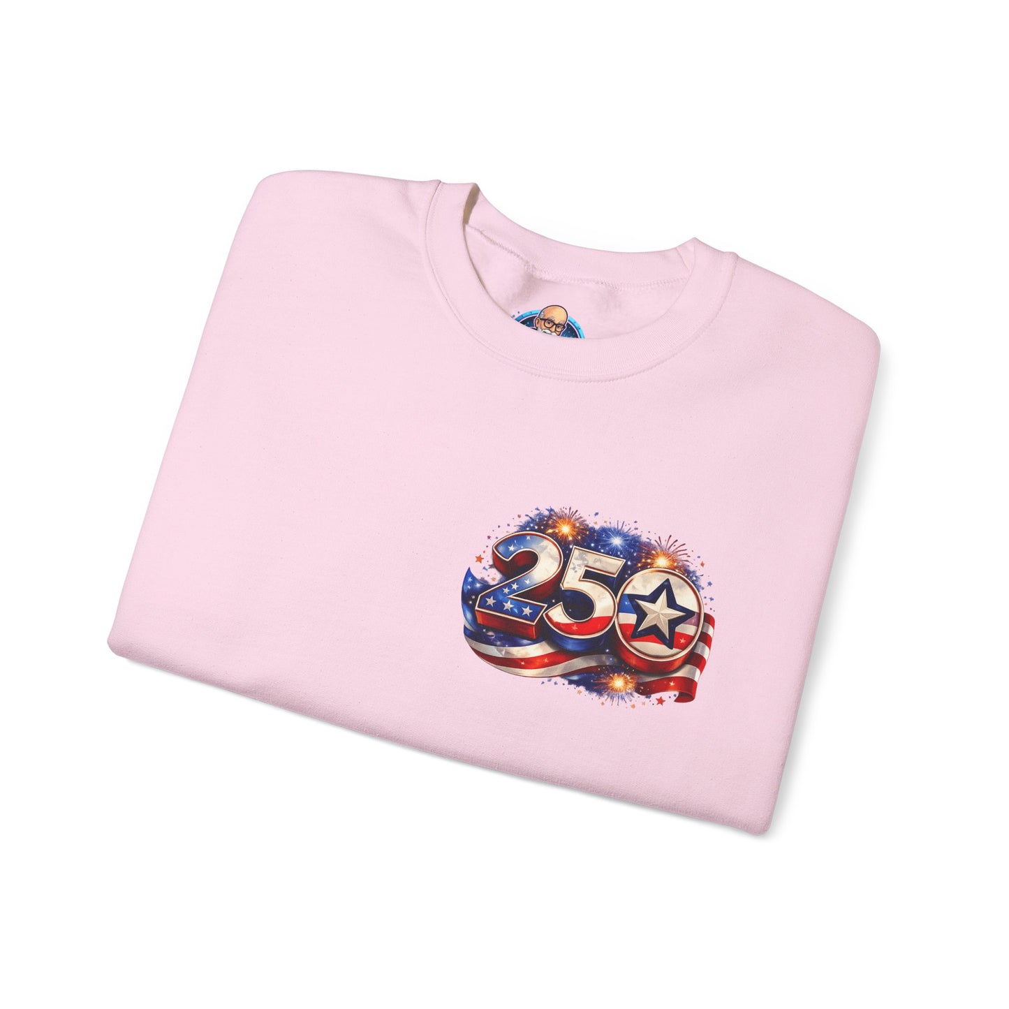250th Anniversary USA Flag Crewneck Sweatshirt — Patriotic 25 Celebration Design Front and Back