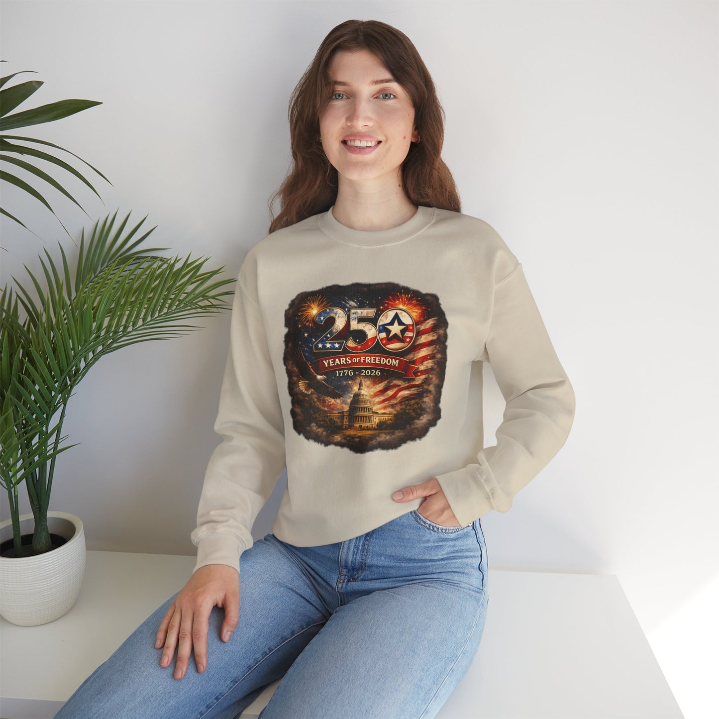 250th Anniversary Patriotic Crewneck Sweatshirt — "250 Years of Freedom" USA Flag Design