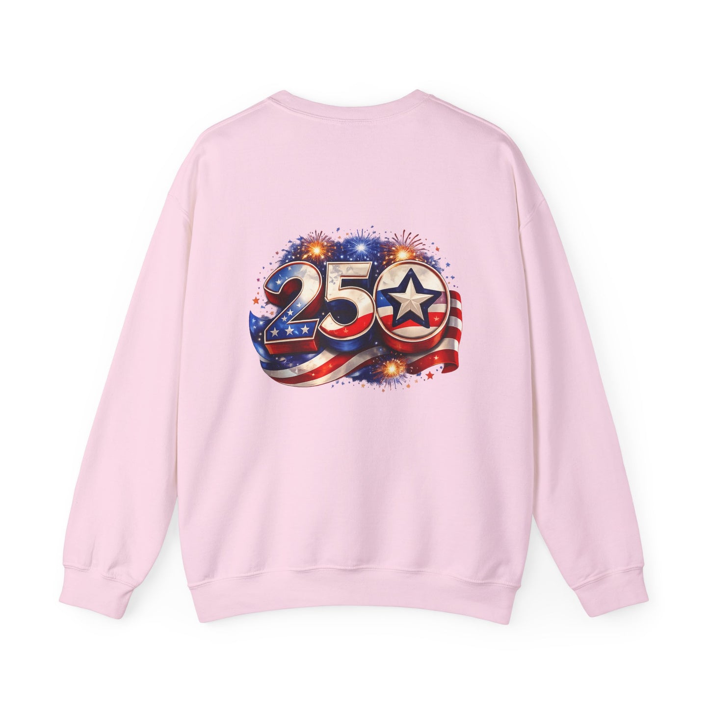 250th Anniversary USA Flag Crewneck Sweatshirt — Patriotic 25 Celebration Design Front and Back