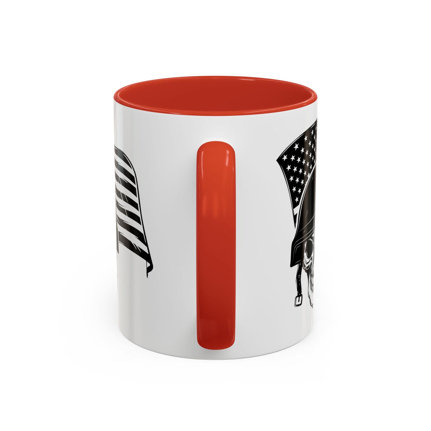 American Skull Soldier Coffee Mug — Military Helmet with US Flag (11/15oz)
