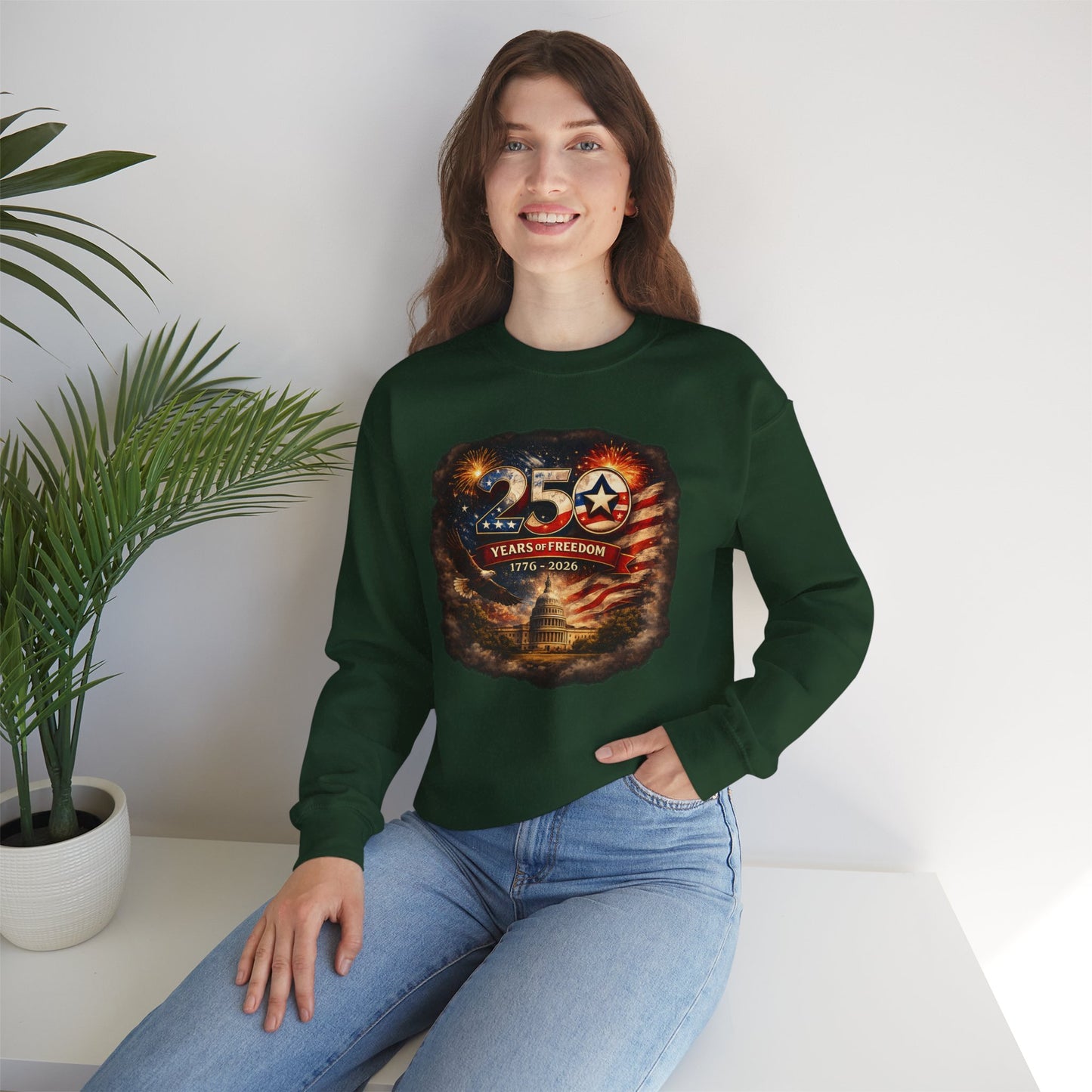 250th Anniversary Patriotic Crewneck Sweatshirt — "250 Years of Freedom" USA Flag Design