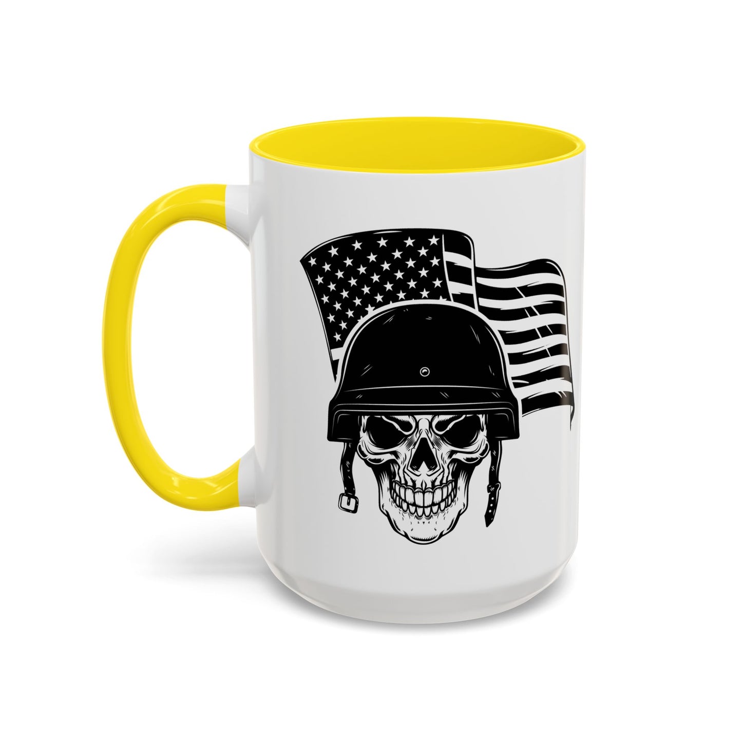 American Skull Soldier Coffee Mug — Military Helmet with US Flag (11/15oz)