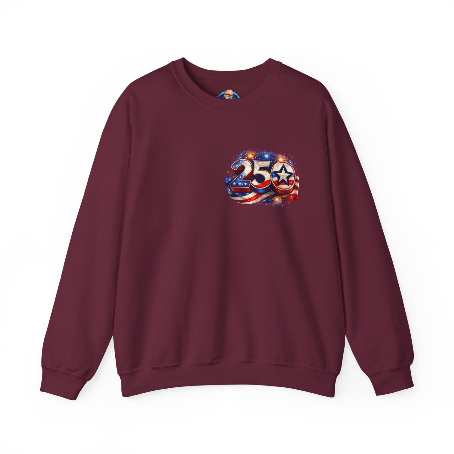 250th Anniversary USA Flag Crewneck Sweatshirt — Patriotic 25 Celebration Design Front and Back