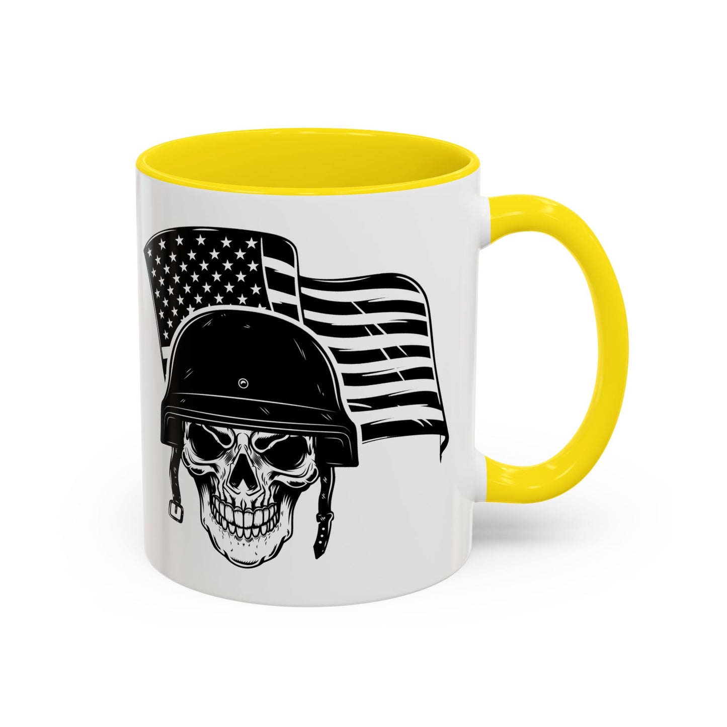 American Skull Soldier Coffee Mug — Military Helmet with US Flag (11/15oz)