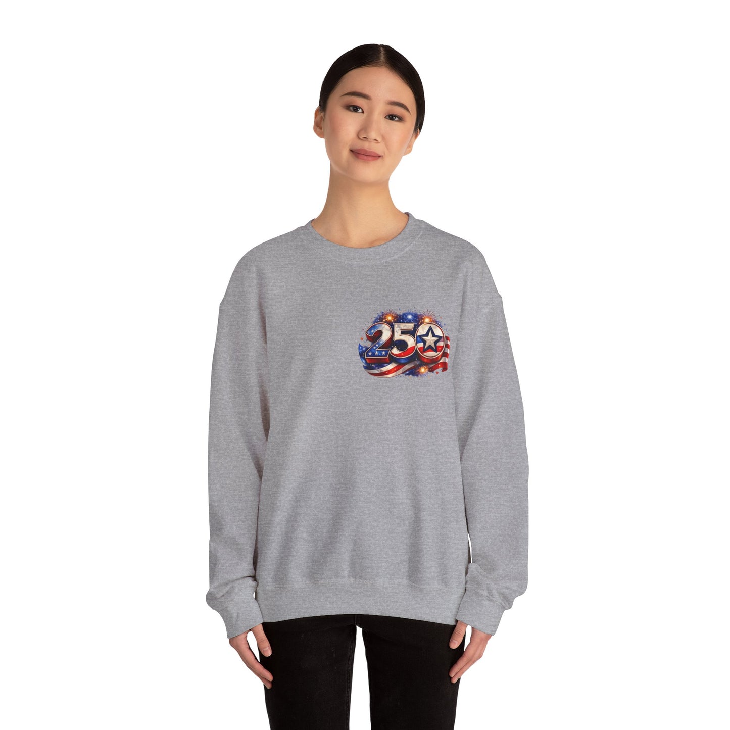 250th Anniversary USA Flag Crewneck Sweatshirt — Patriotic 25 Celebration Design Front and Back