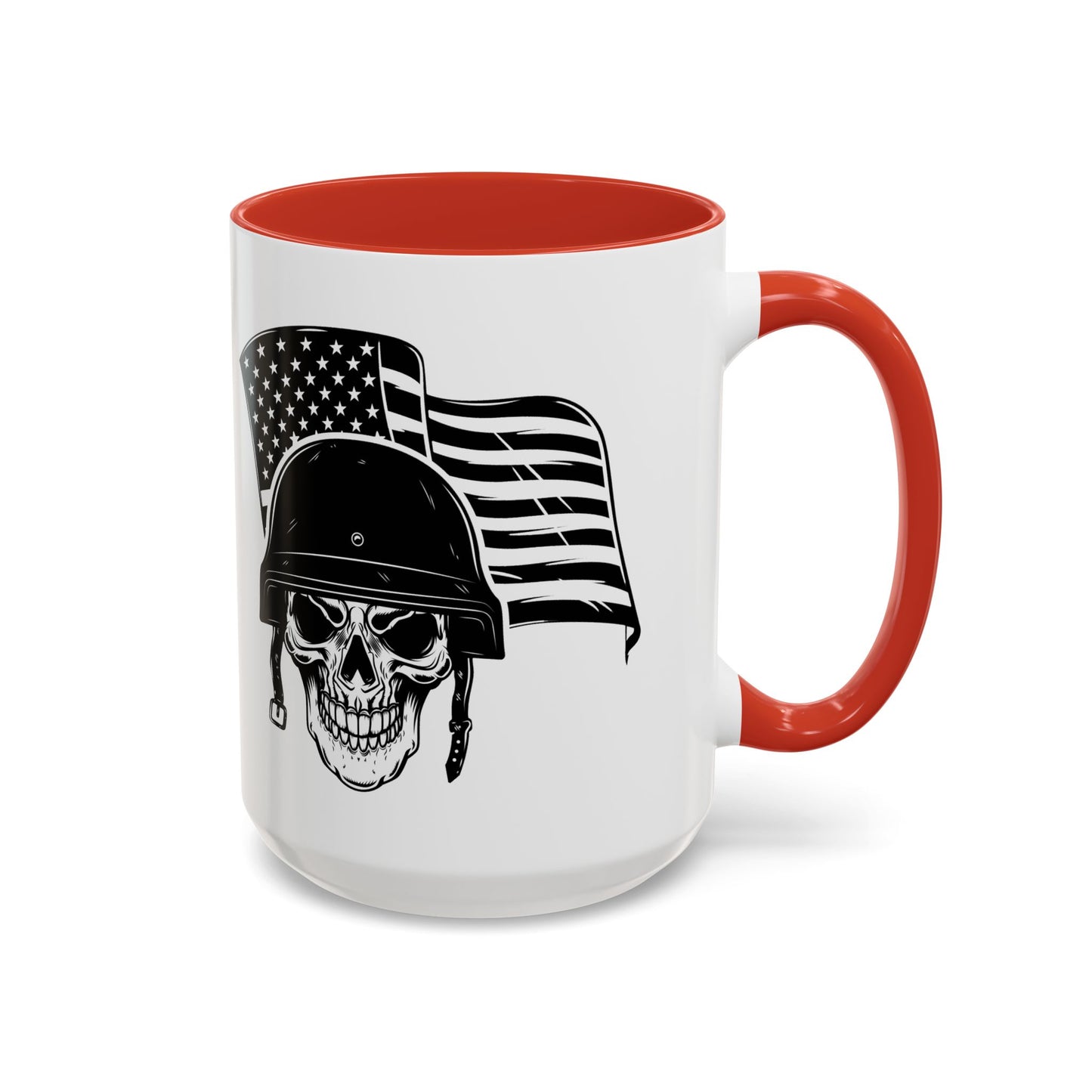 American Skull Soldier Coffee Mug — Military Helmet with US Flag (11/15oz)