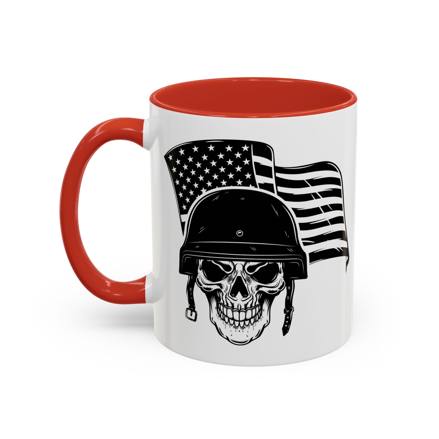 American Skull Soldier Coffee Mug — Military Helmet with US Flag (11/15oz)
