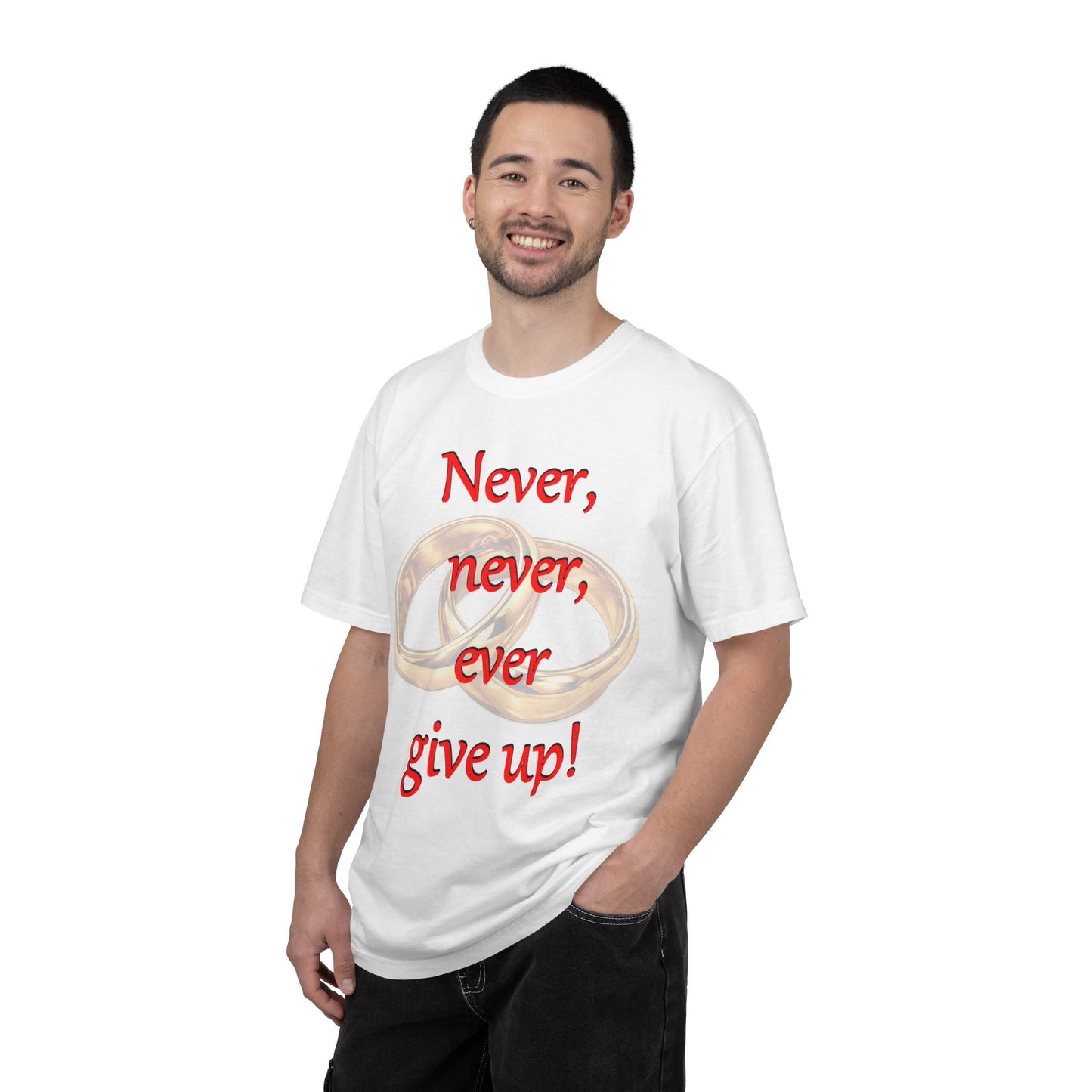 T-Shirt — "Never, never, ever give up!" Motivational Tee with Interlocking Rings