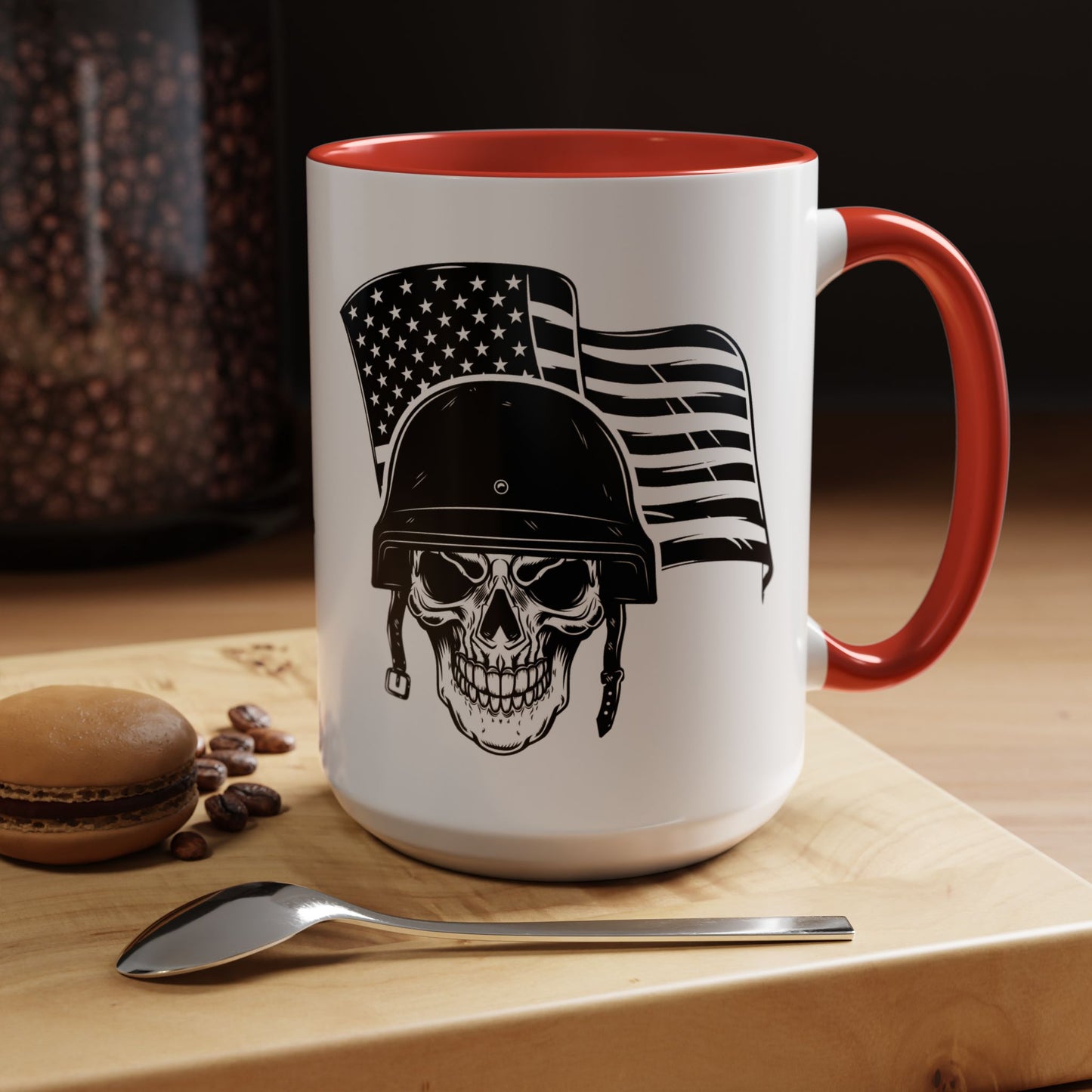 American Skull Soldier Coffee Mug — Military Helmet with US Flag (11/15oz)