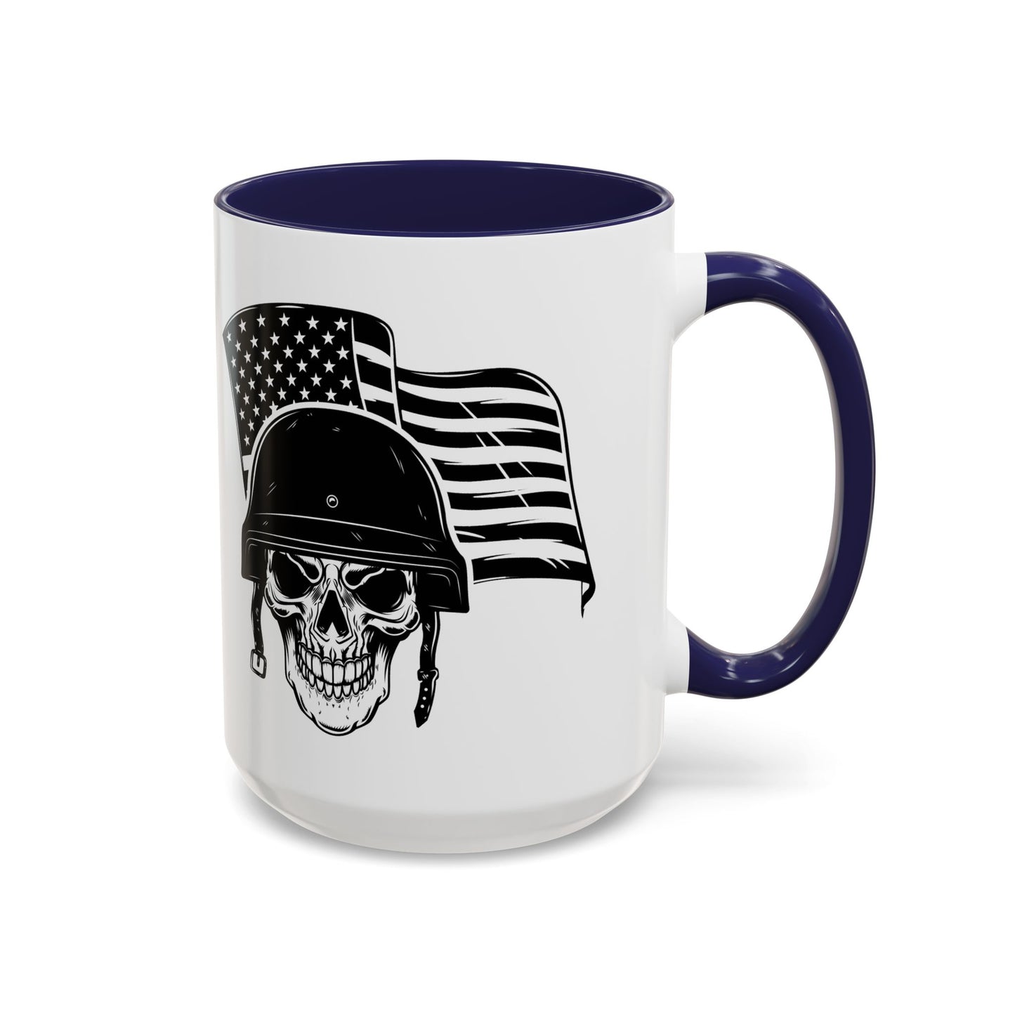 American Skull Soldier Coffee Mug — Military Helmet with US Flag (11/15oz)