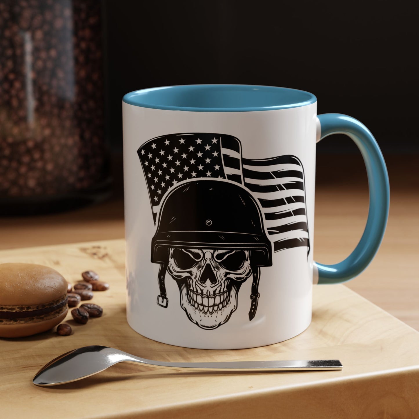 American Skull Soldier Coffee Mug — Military Helmet with US Flag (11/15oz)