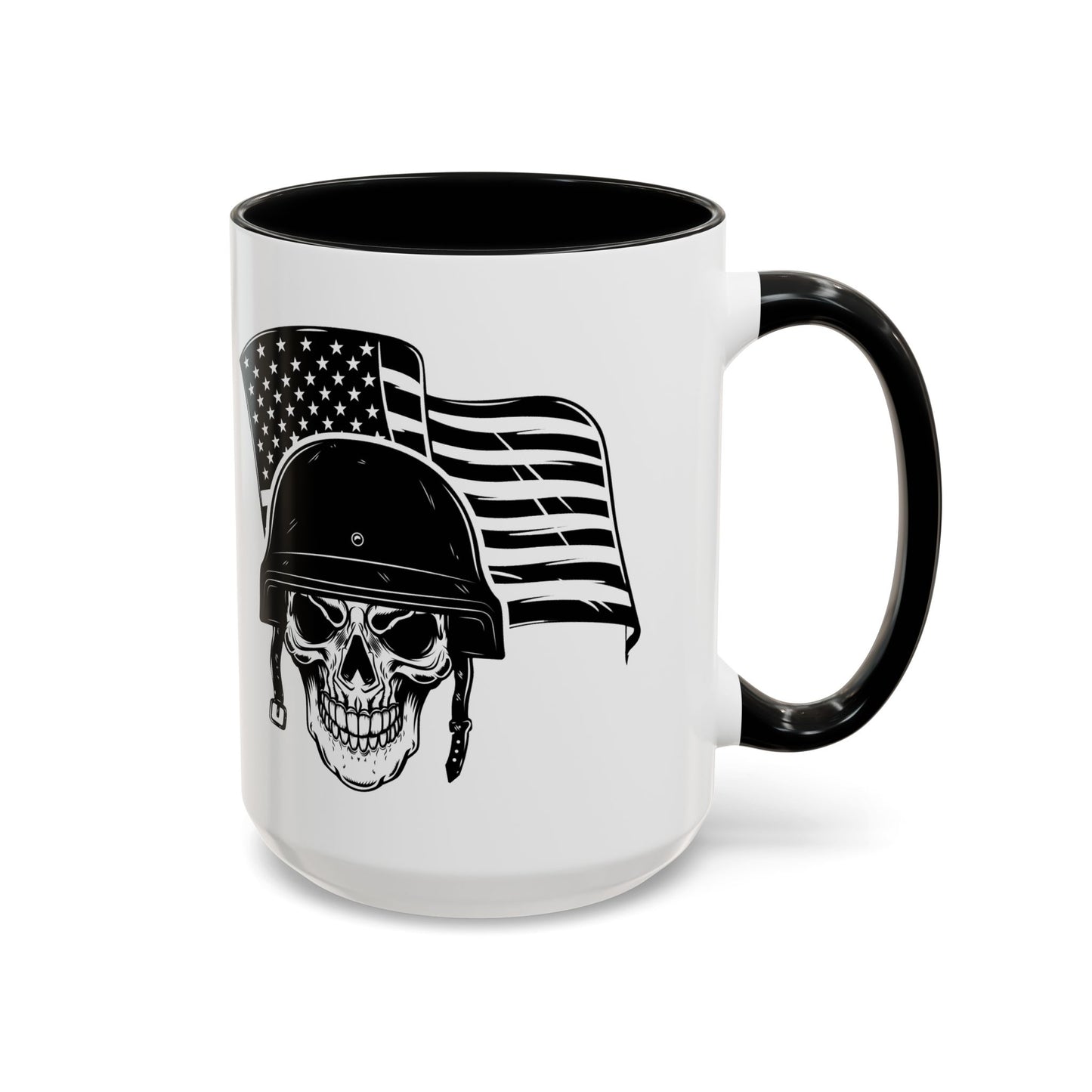 American Skull Soldier Coffee Mug — Military Helmet with US Flag (11/15oz)