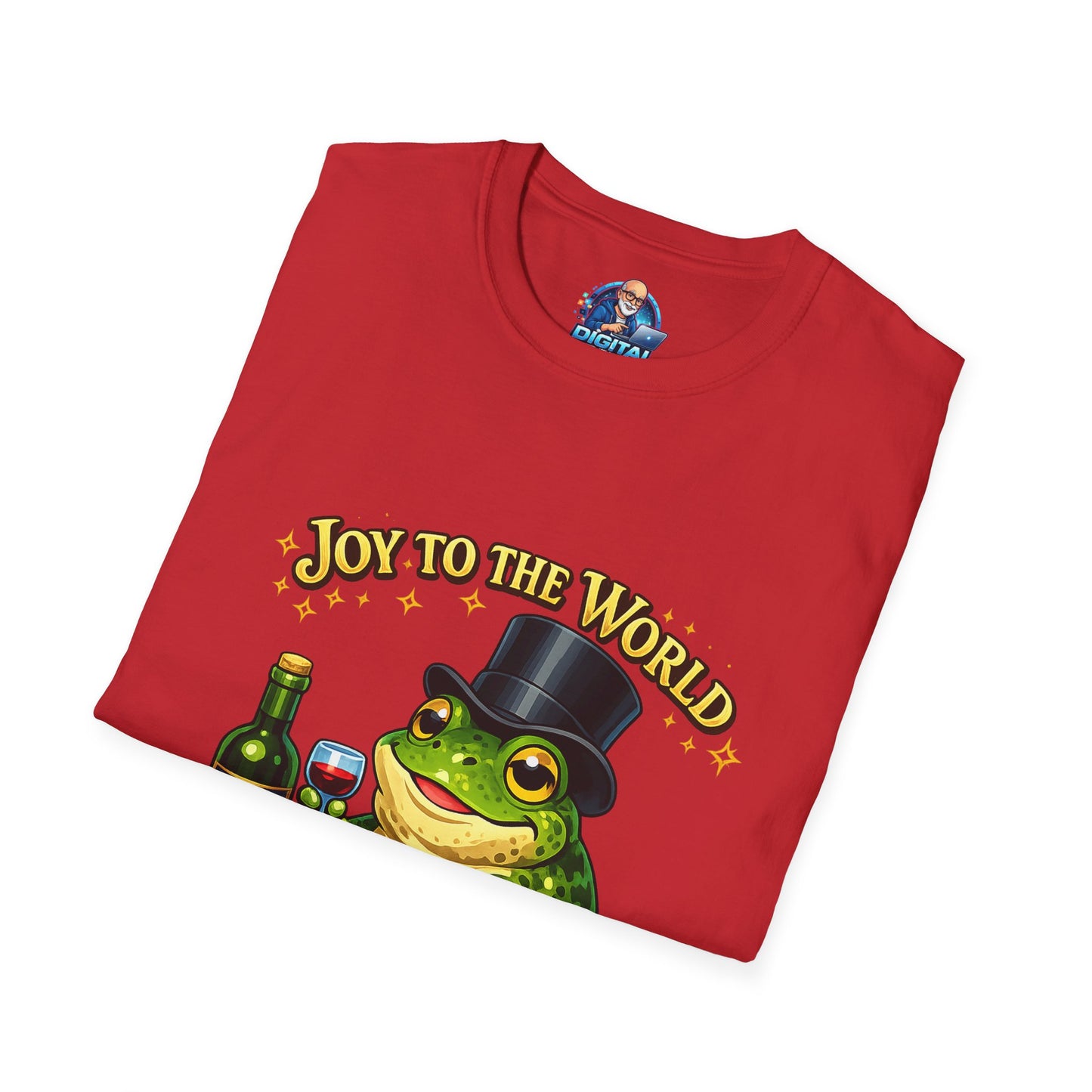 Joy to the World Frog T-Shirt — Festive Top Hat Frog with Wine Bottle