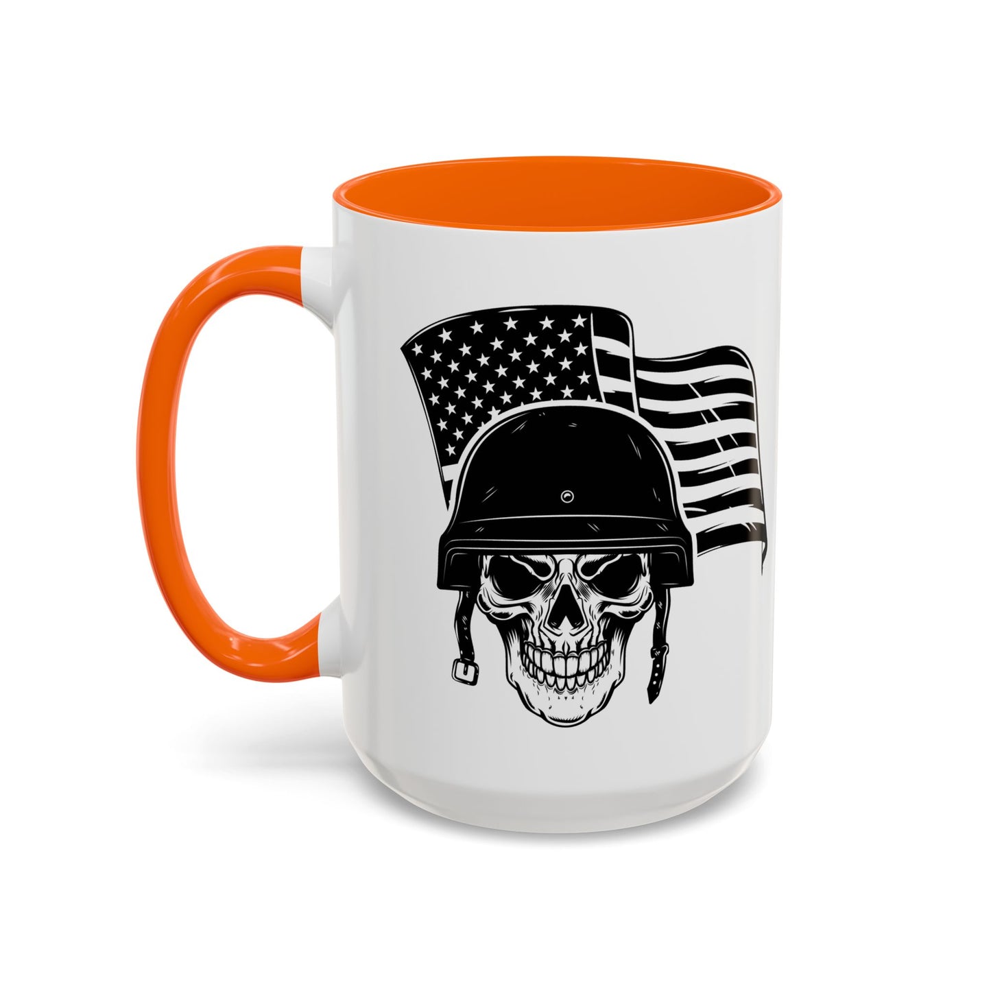 American Skull Soldier Coffee Mug — Military Helmet with US Flag (11/15oz)