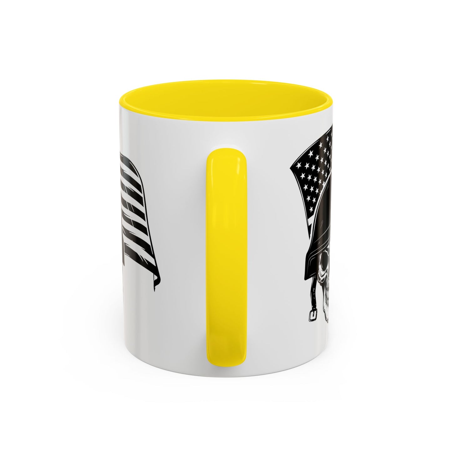 American Skull Soldier Coffee Mug — Military Helmet with US Flag (11/15oz)