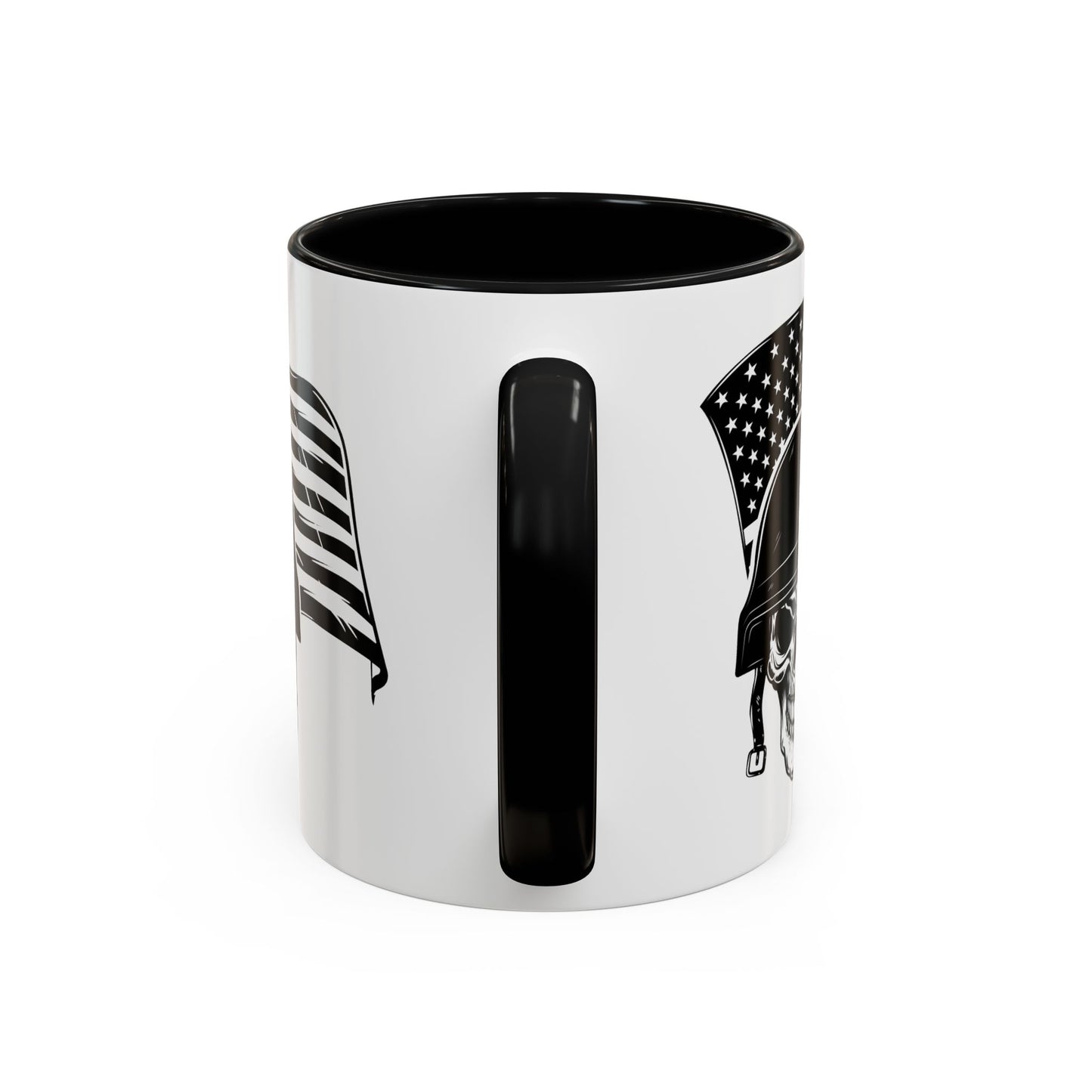 American Skull Soldier Coffee Mug — Military Helmet with US Flag (11/15oz)