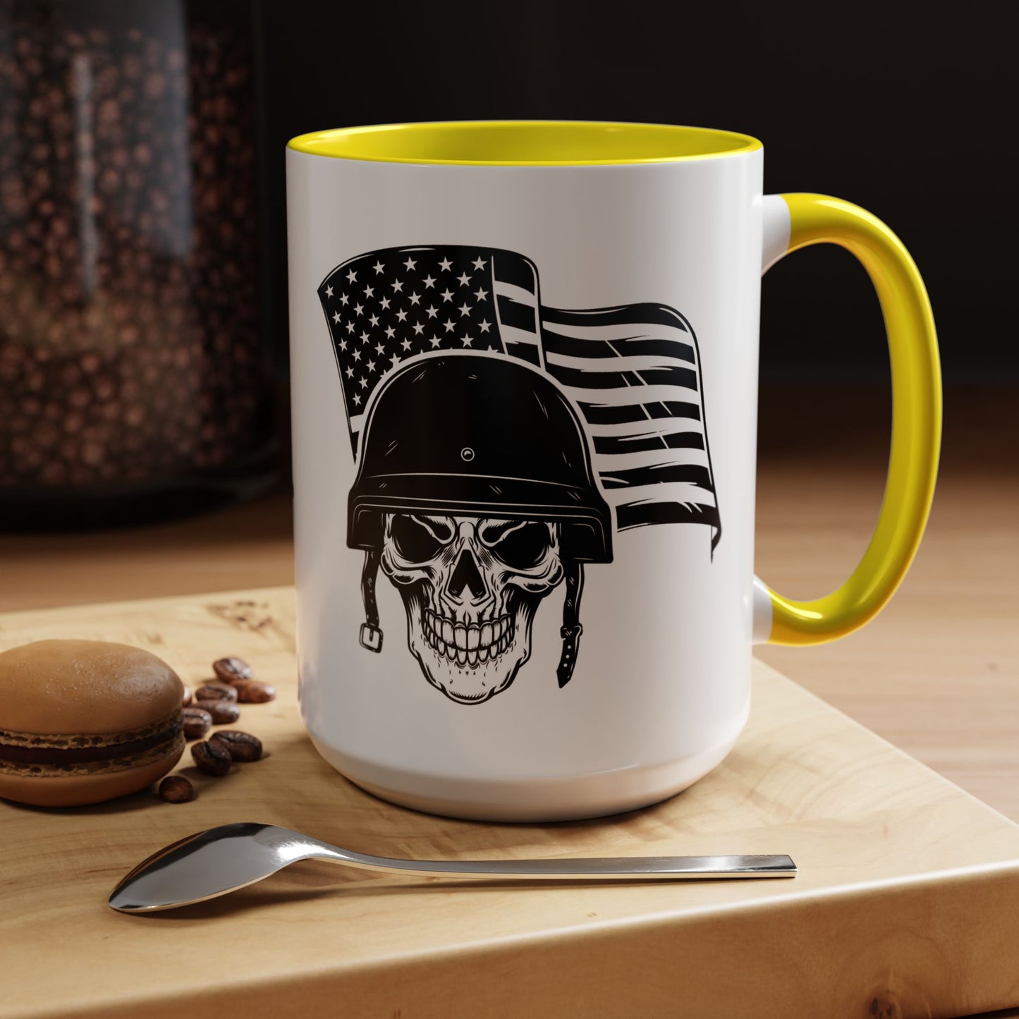American Skull Soldier Coffee Mug — Military Helmet with US Flag (11/15oz)