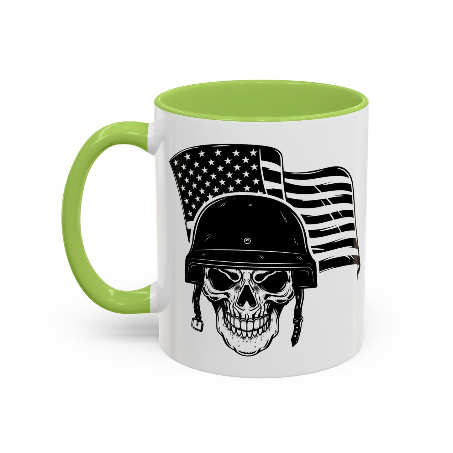American Skull Soldier Coffee Mug — Military Helmet with US Flag (11/15oz)