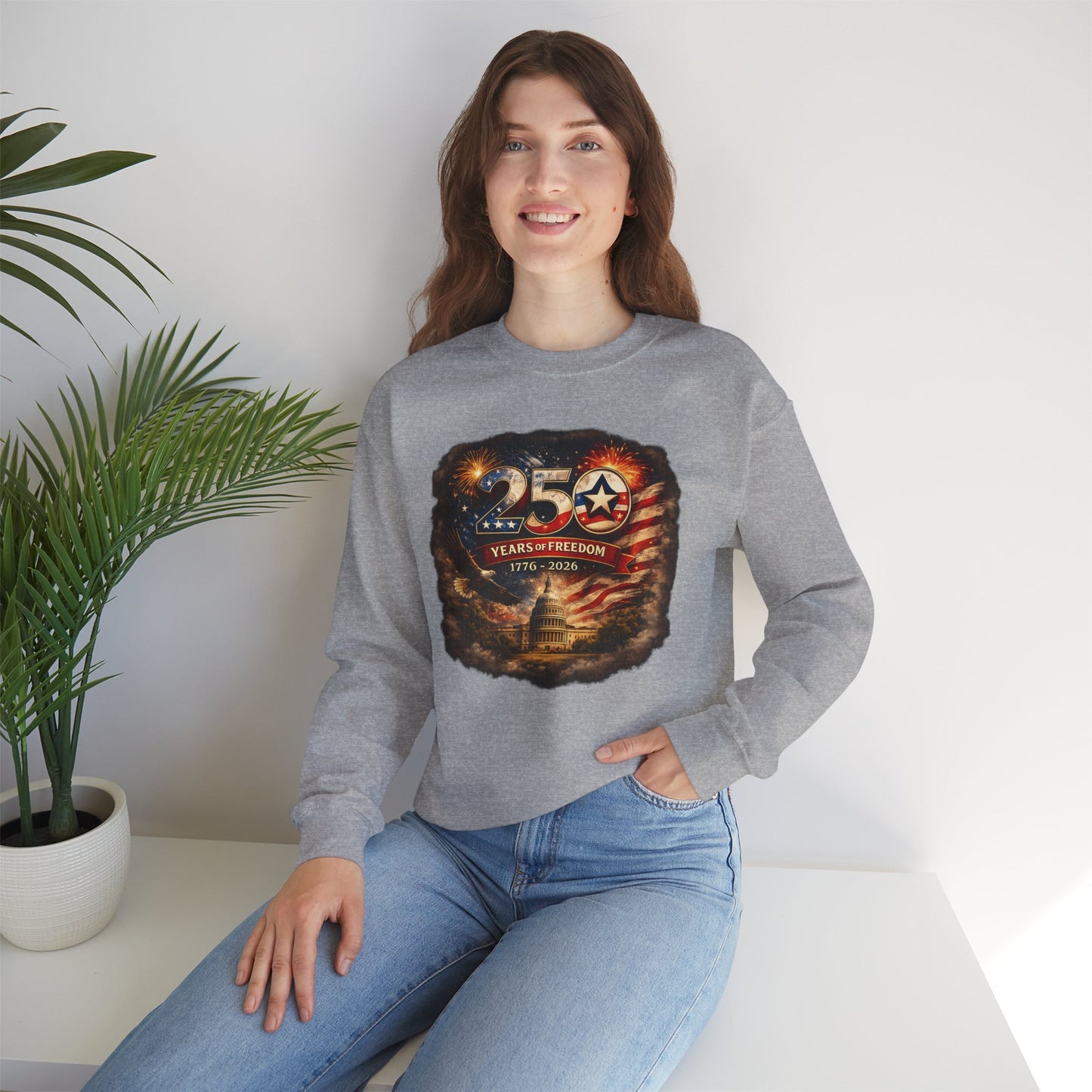 250th Anniversary Patriotic Crewneck Sweatshirt — "250 Years of Freedom" USA Flag Design
