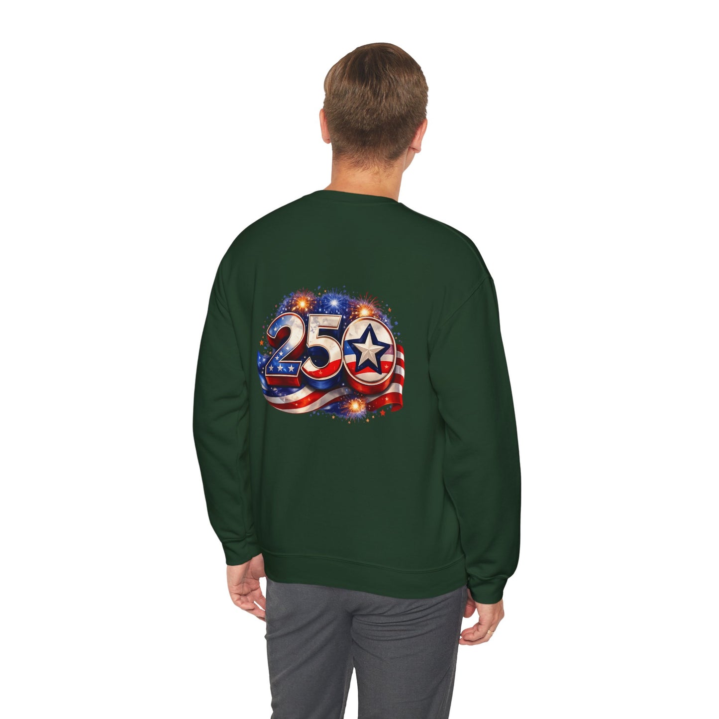 250th Anniversary USA Flag Crewneck Sweatshirt — Patriotic 25 Celebration Design Front and Back