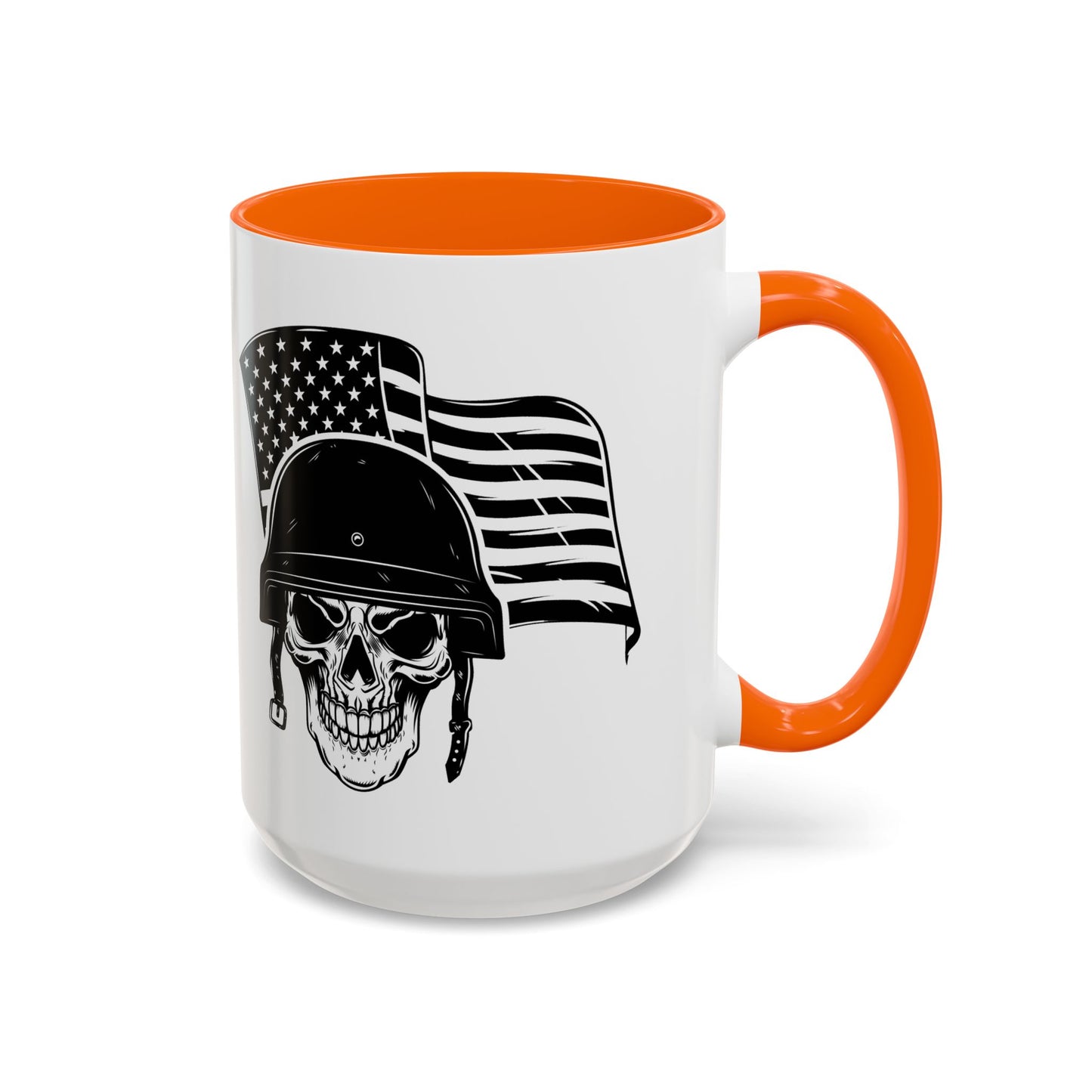 American Skull Soldier Coffee Mug — Military Helmet with US Flag (11/15oz)