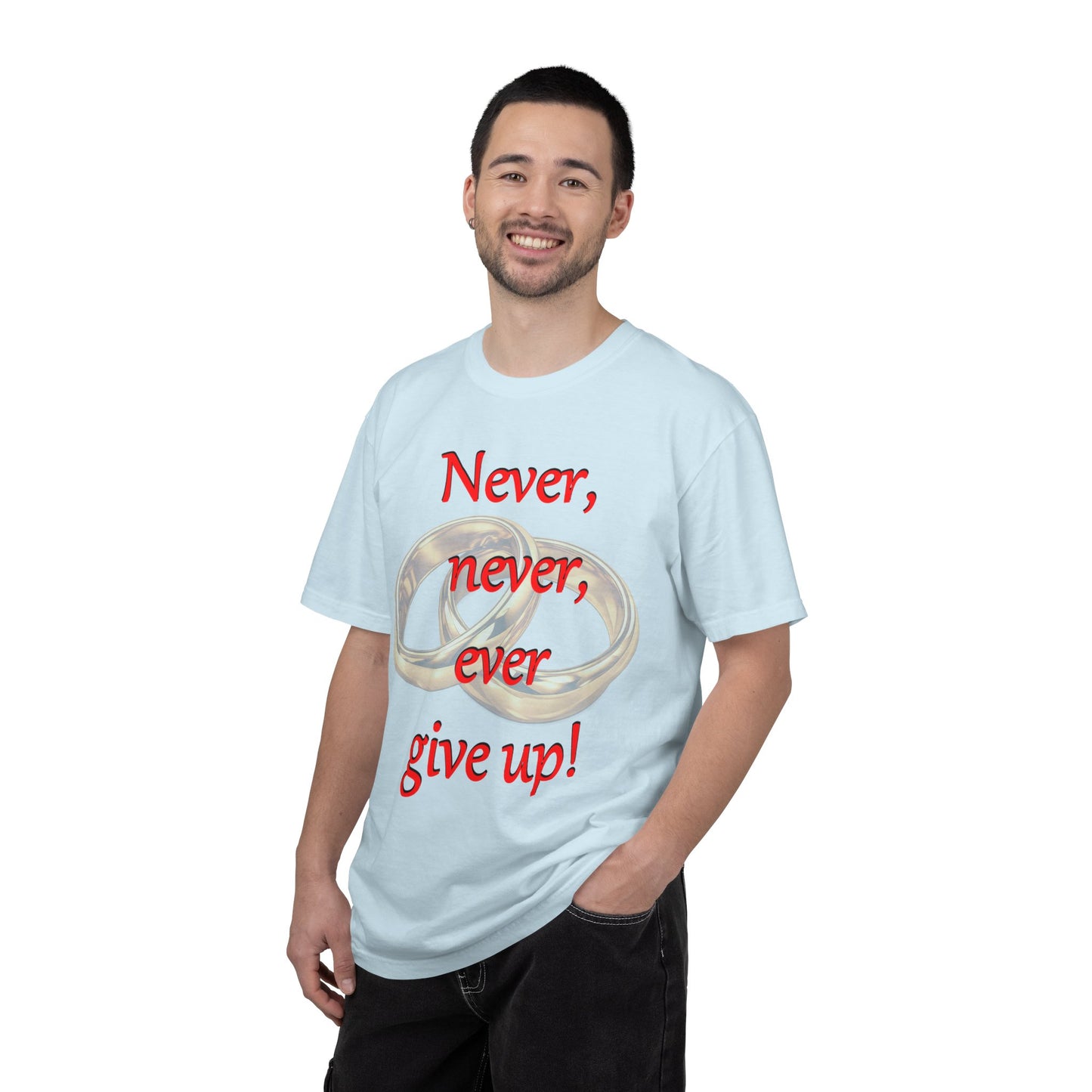 T-Shirt — "Never, never, ever give up!" Motivational Tee with Interlocking Rings