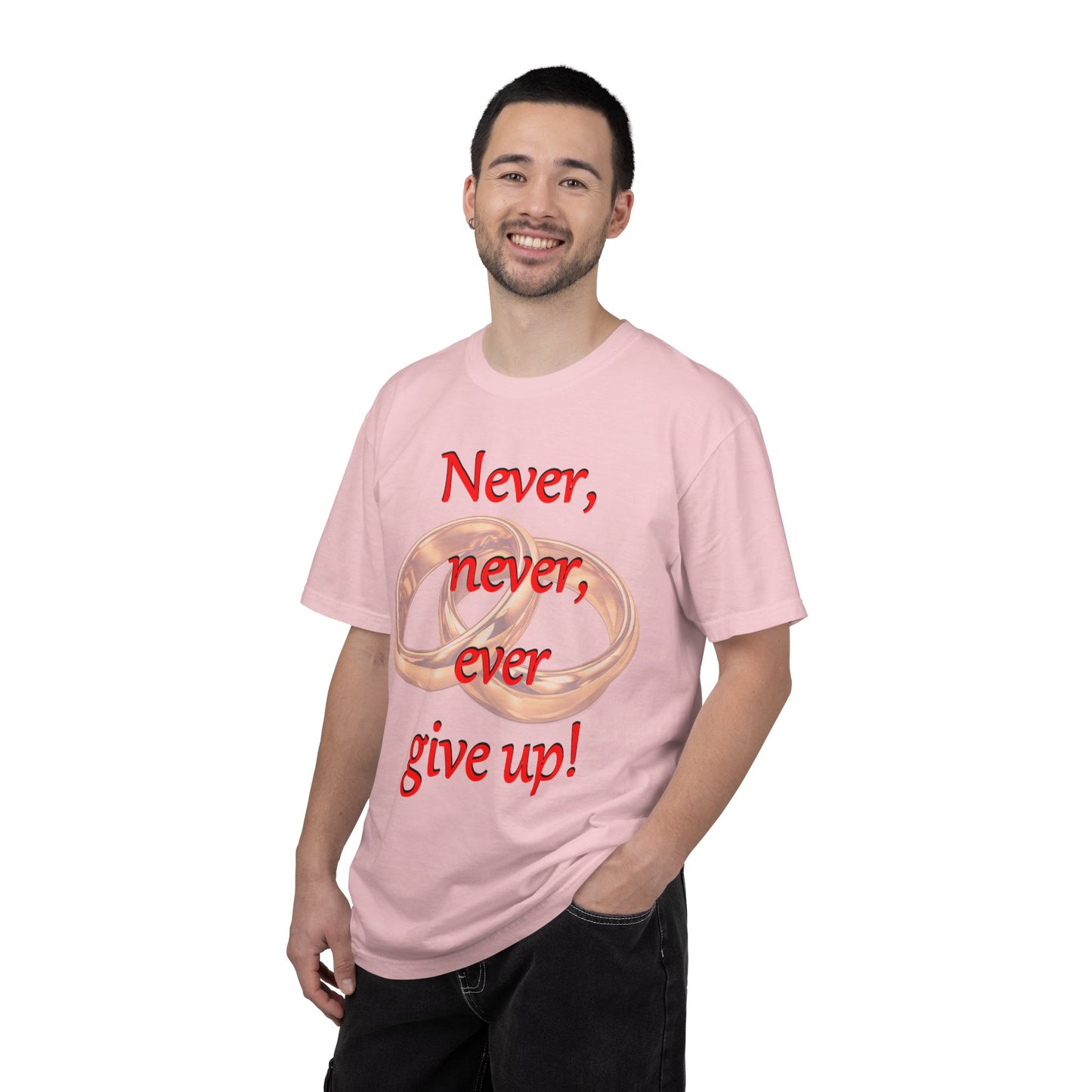 T-Shirt — "Never, never, ever give up!" Motivational Tee with Interlocking Rings