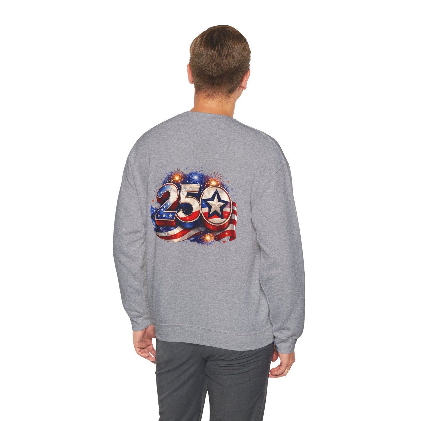 250th Anniversary USA Flag Crewneck Sweatshirt — Patriotic 25 Celebration Design Front and Back