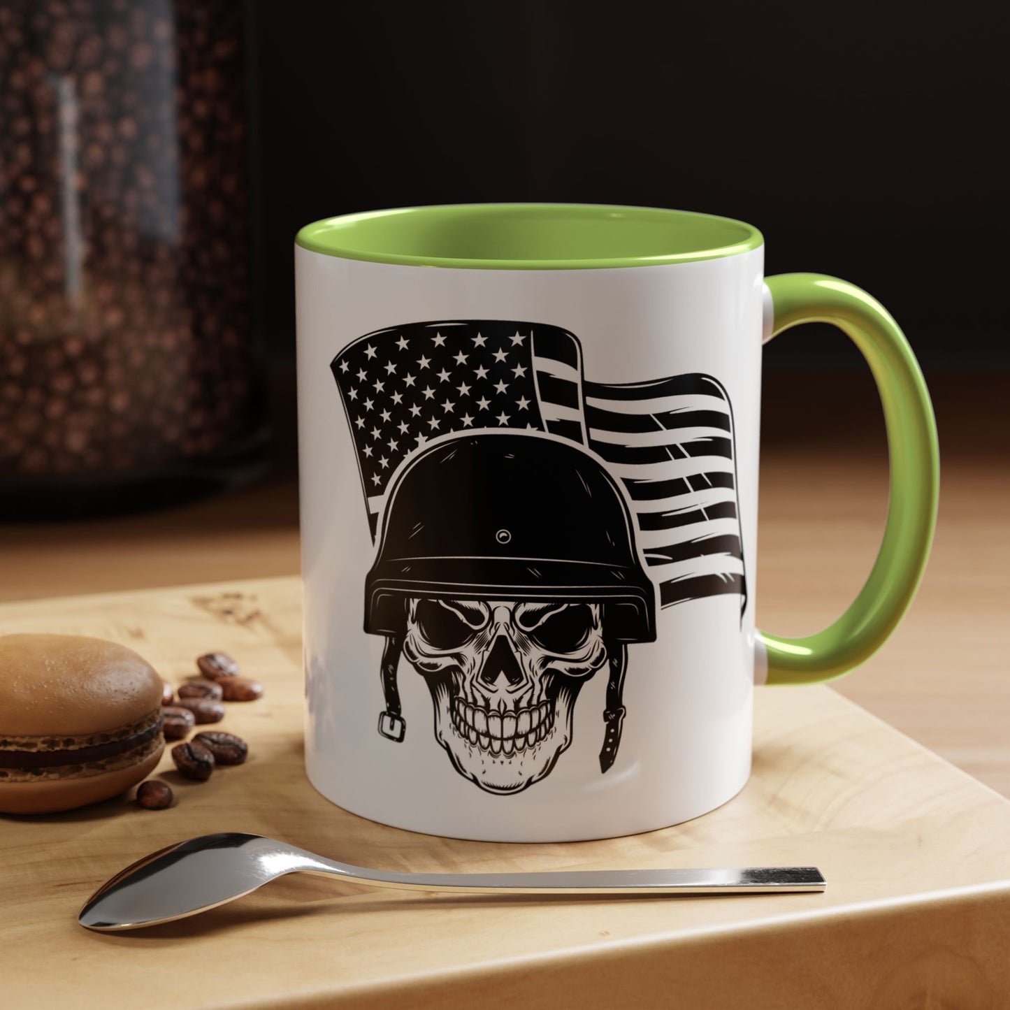 American Skull Soldier Coffee Mug — Military Helmet with US Flag (11/15oz)