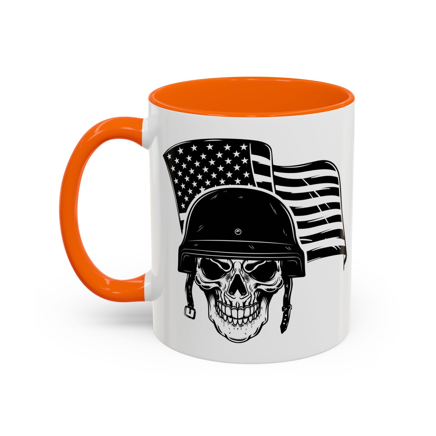American Skull Soldier Coffee Mug — Military Helmet with US Flag (11/15oz)