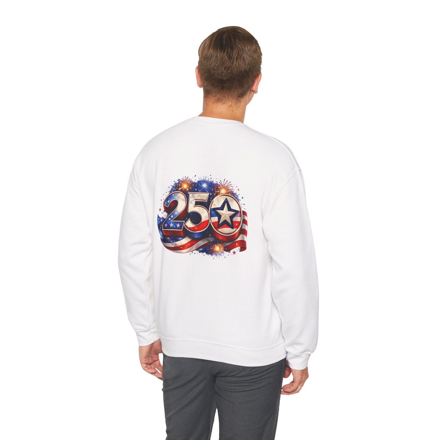 250th Anniversary USA Flag Crewneck Sweatshirt — Patriotic 25 Celebration Design Front and Back