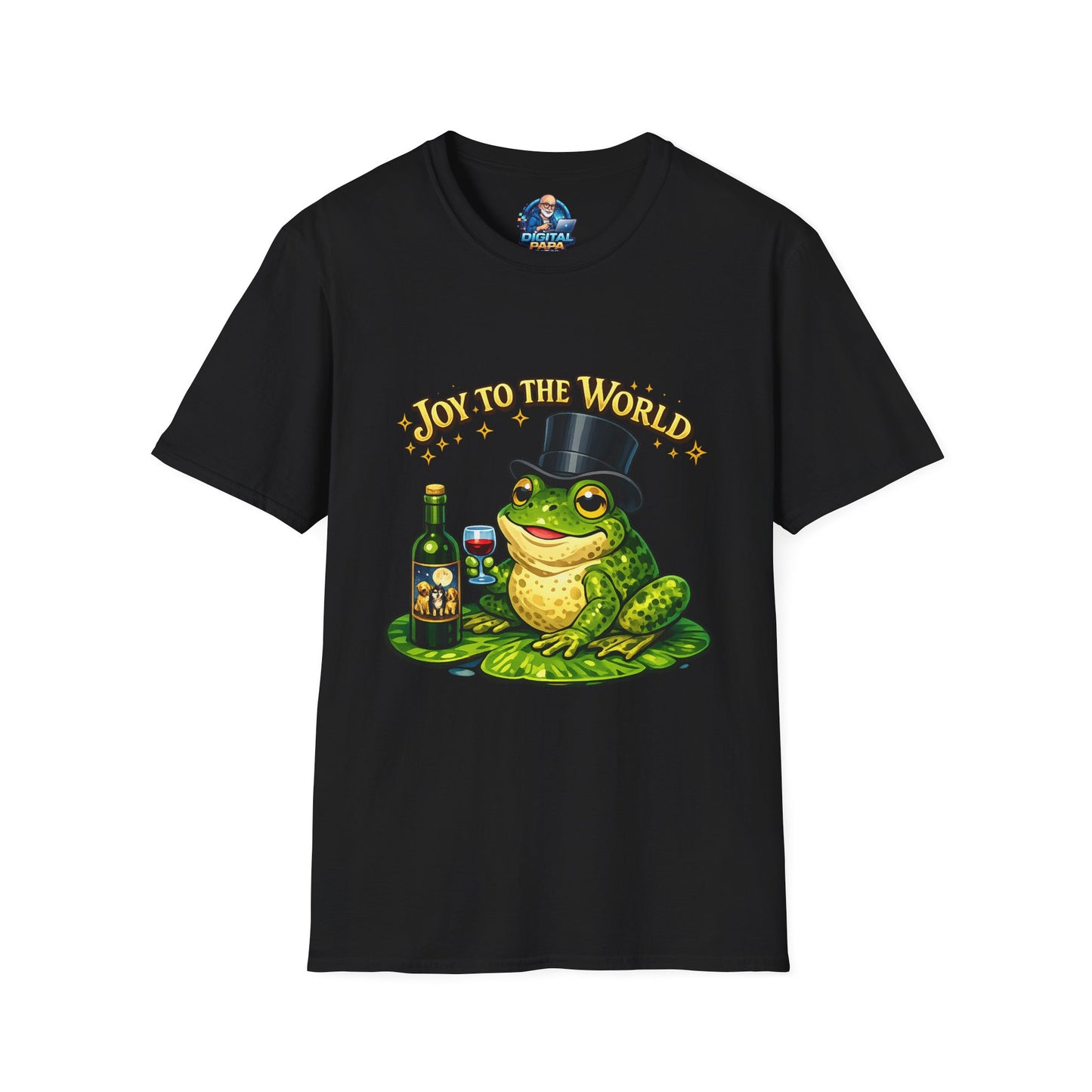 Joy to the World Frog T-Shirt — Festive Top Hat Frog with Wine Bottle