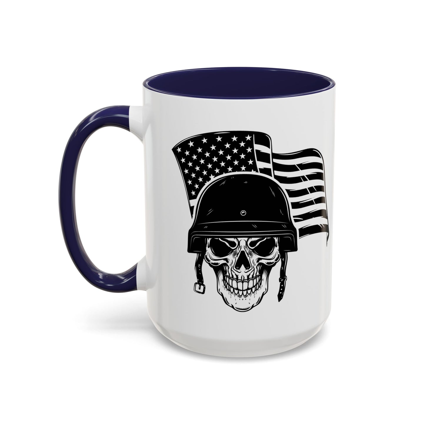 American Skull Soldier Coffee Mug — Military Helmet with US Flag (11/15oz)