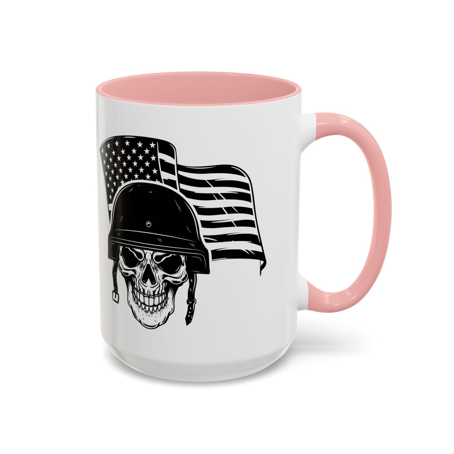 American Skull Soldier Coffee Mug — Military Helmet with US Flag (11/15oz)