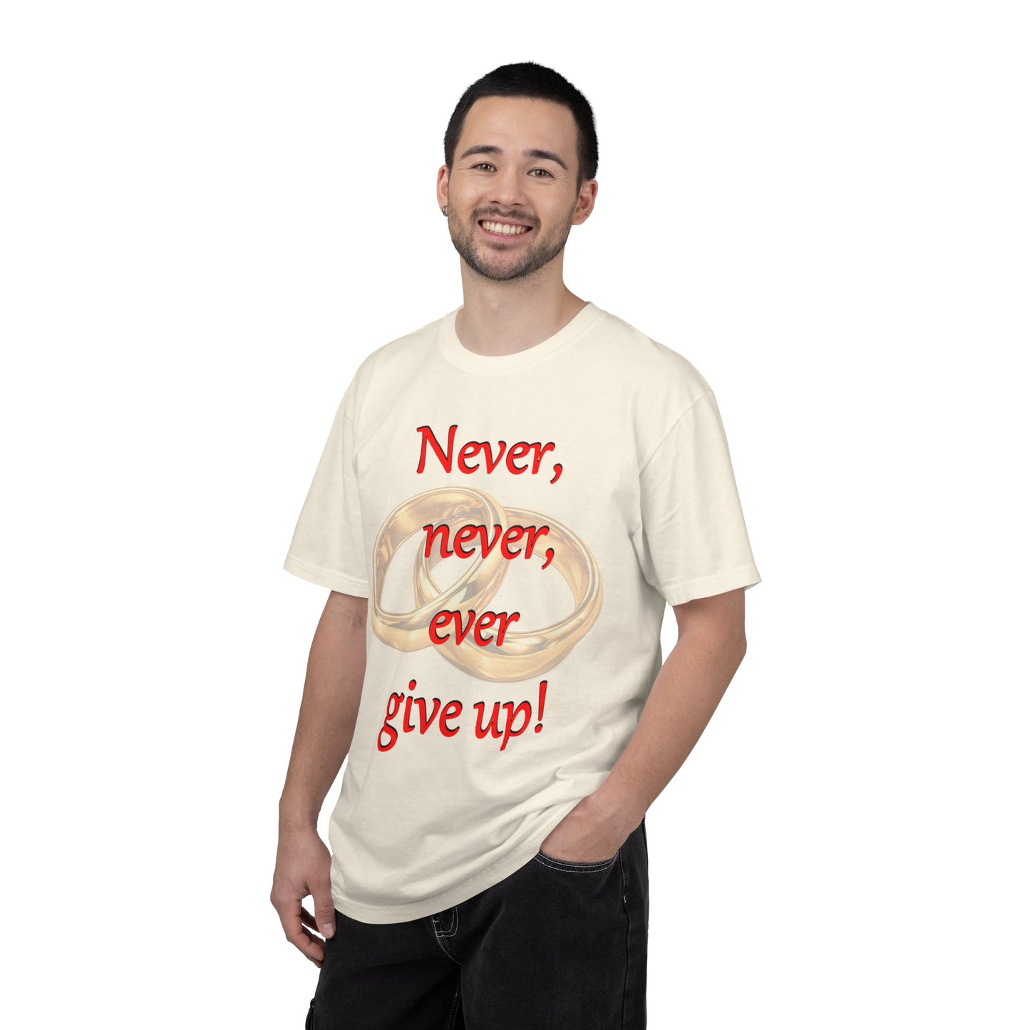 T-Shirt — "Never, never, ever give up!" Motivational Tee with Interlocking Rings