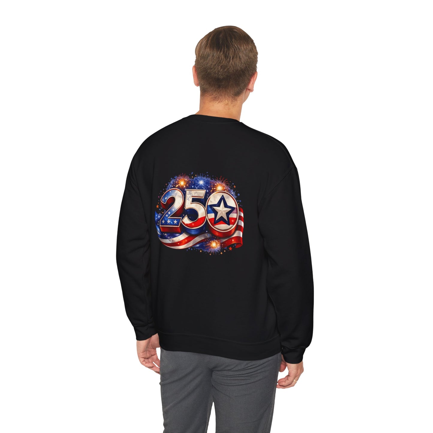 250th Anniversary USA Flag Crewneck Sweatshirt — Patriotic 25 Celebration Design Front and Back