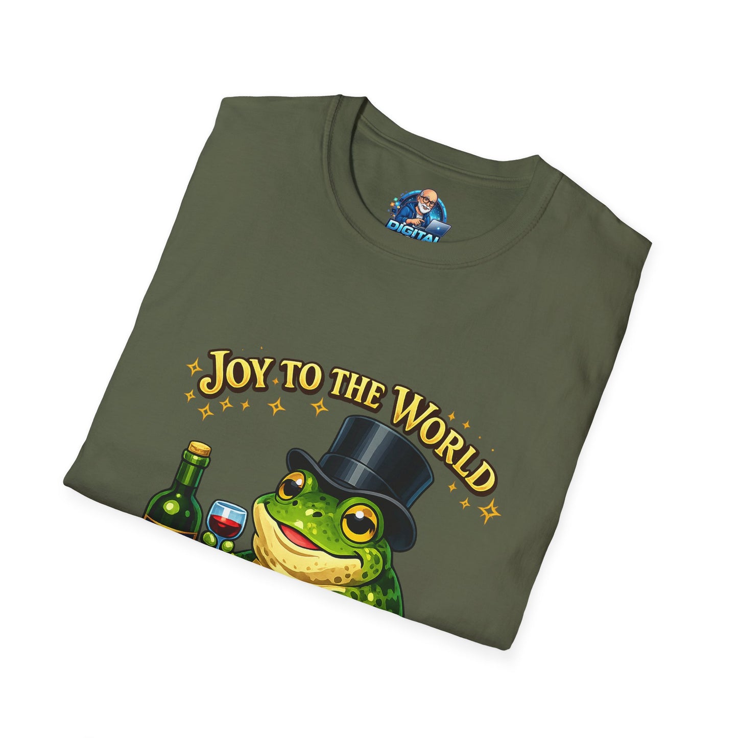 Joy to the World Frog T-Shirt — Festive Top Hat Frog with Wine Bottle