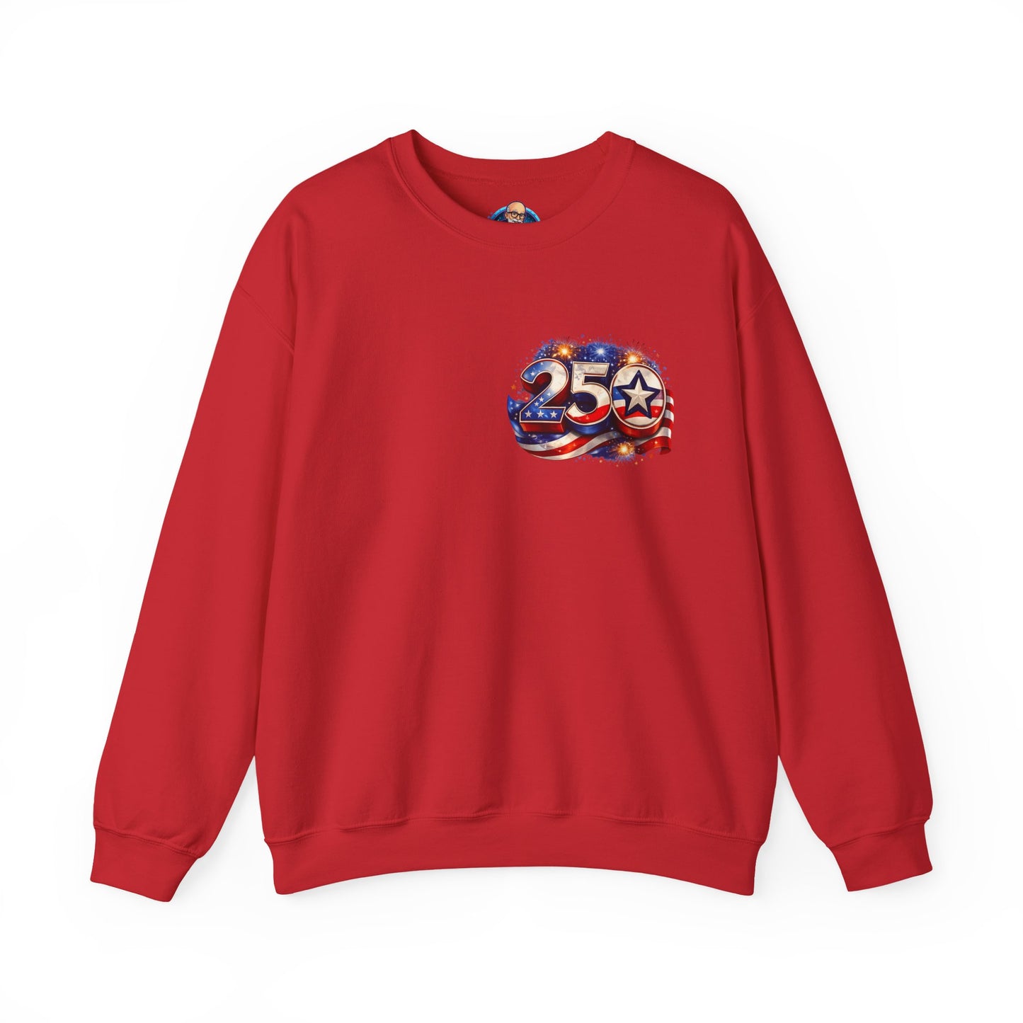 250th Anniversary USA Flag Crewneck Sweatshirt — Patriotic 25 Celebration Design Front and Back