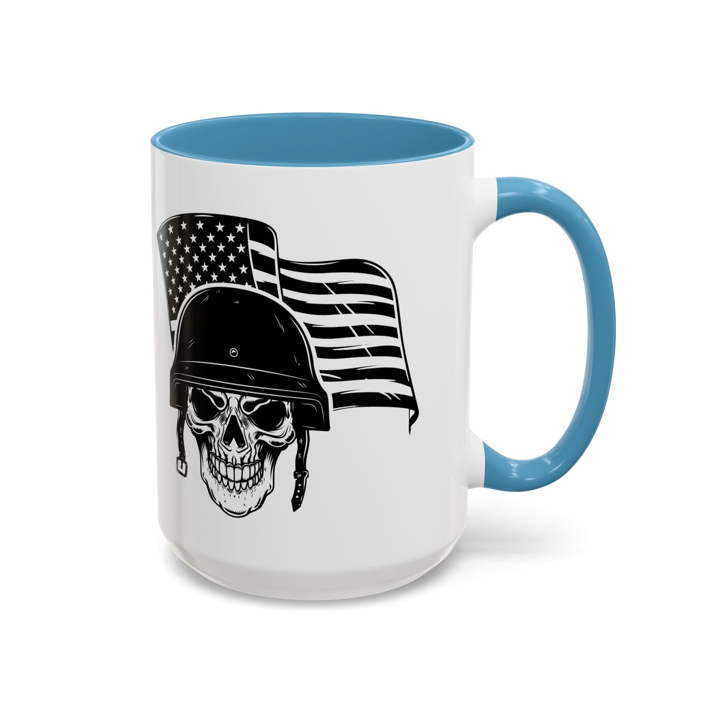 American Skull Soldier Coffee Mug — Military Helmet with US Flag (11/15oz)