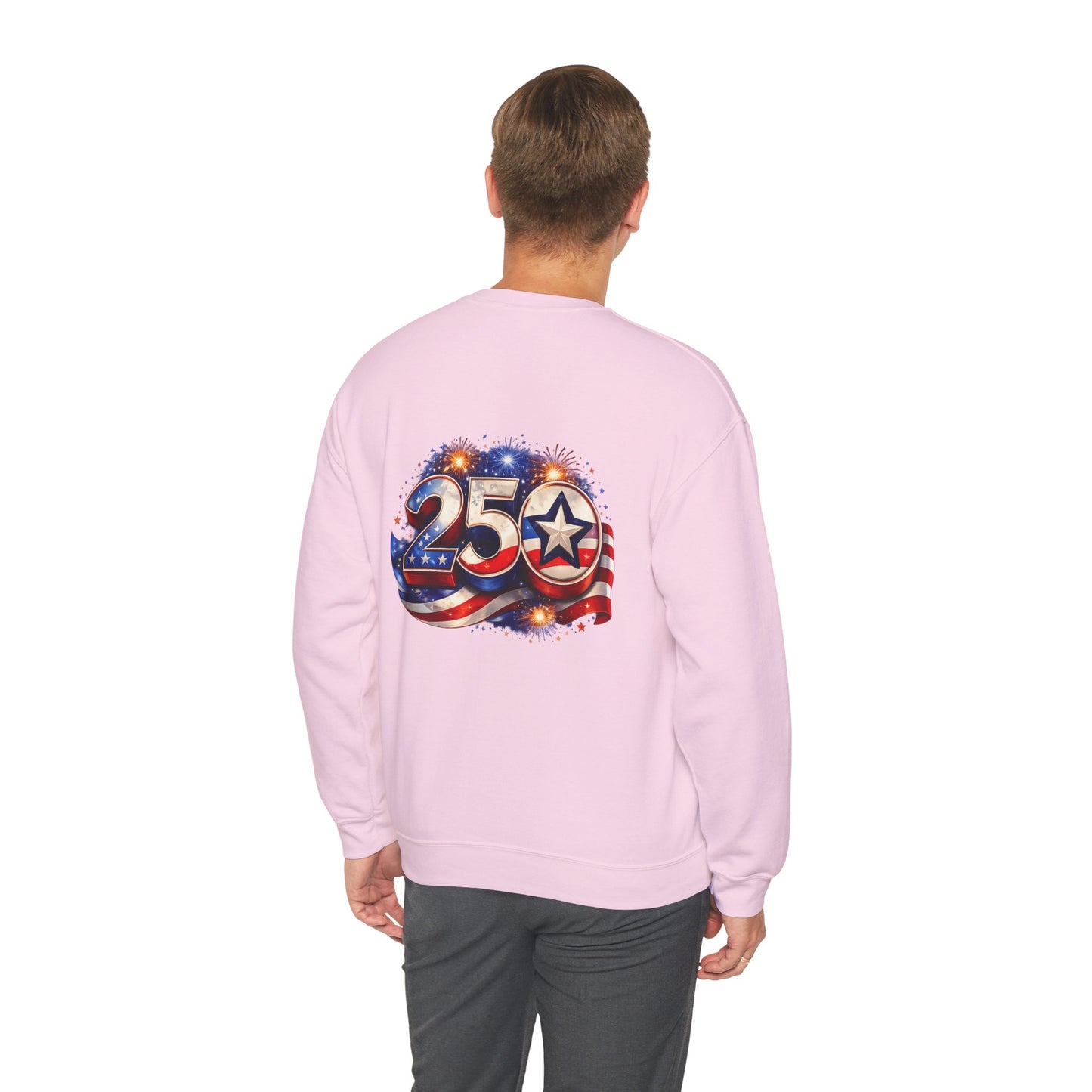 250th Anniversary USA Flag Crewneck Sweatshirt — Patriotic 25 Celebration Design Front and Back