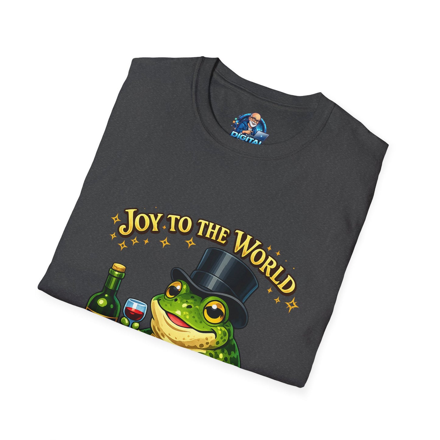 Joy to the World Frog T-Shirt — Festive Top Hat Frog with Wine Bottle