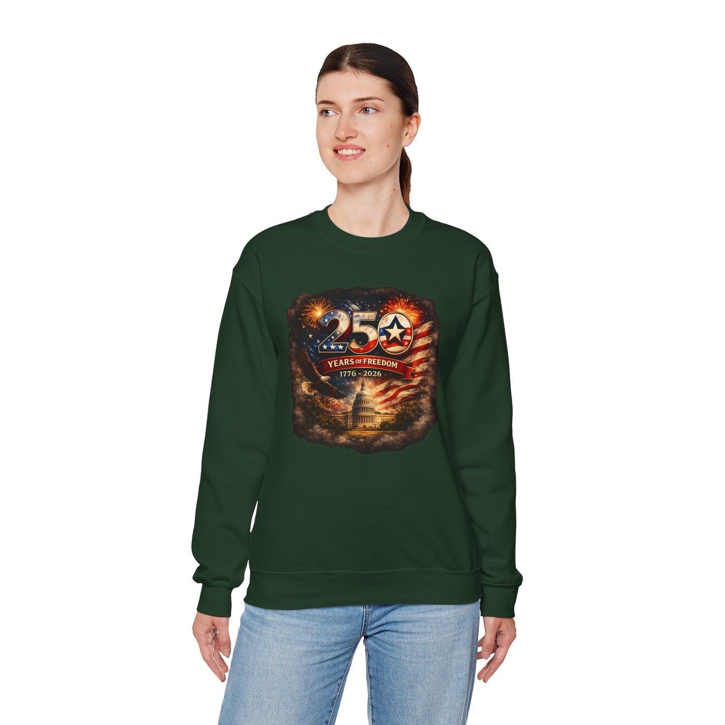 250th Anniversary Patriotic Crewneck Sweatshirt — "250 Years of Freedom" USA Flag Design