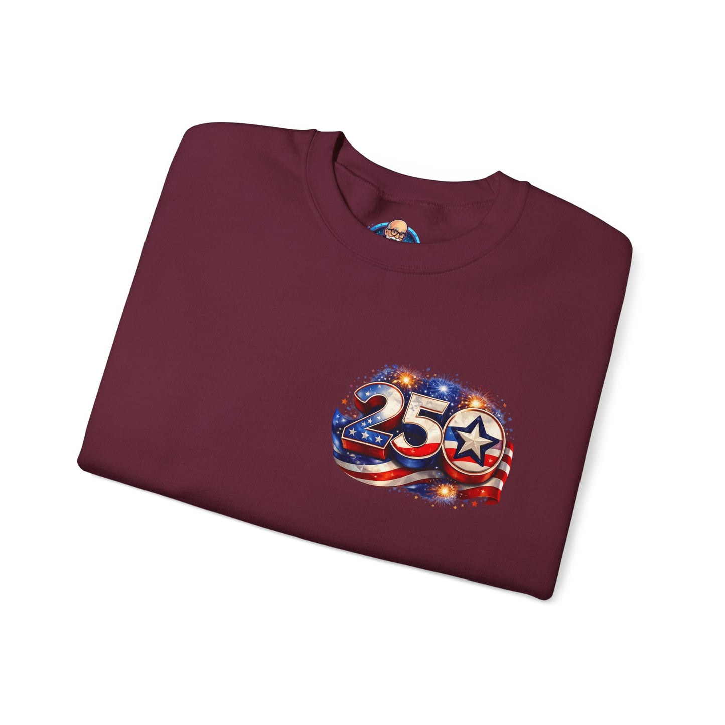 250th Anniversary USA Flag Crewneck Sweatshirt — Patriotic 25 Celebration Design Front and Back