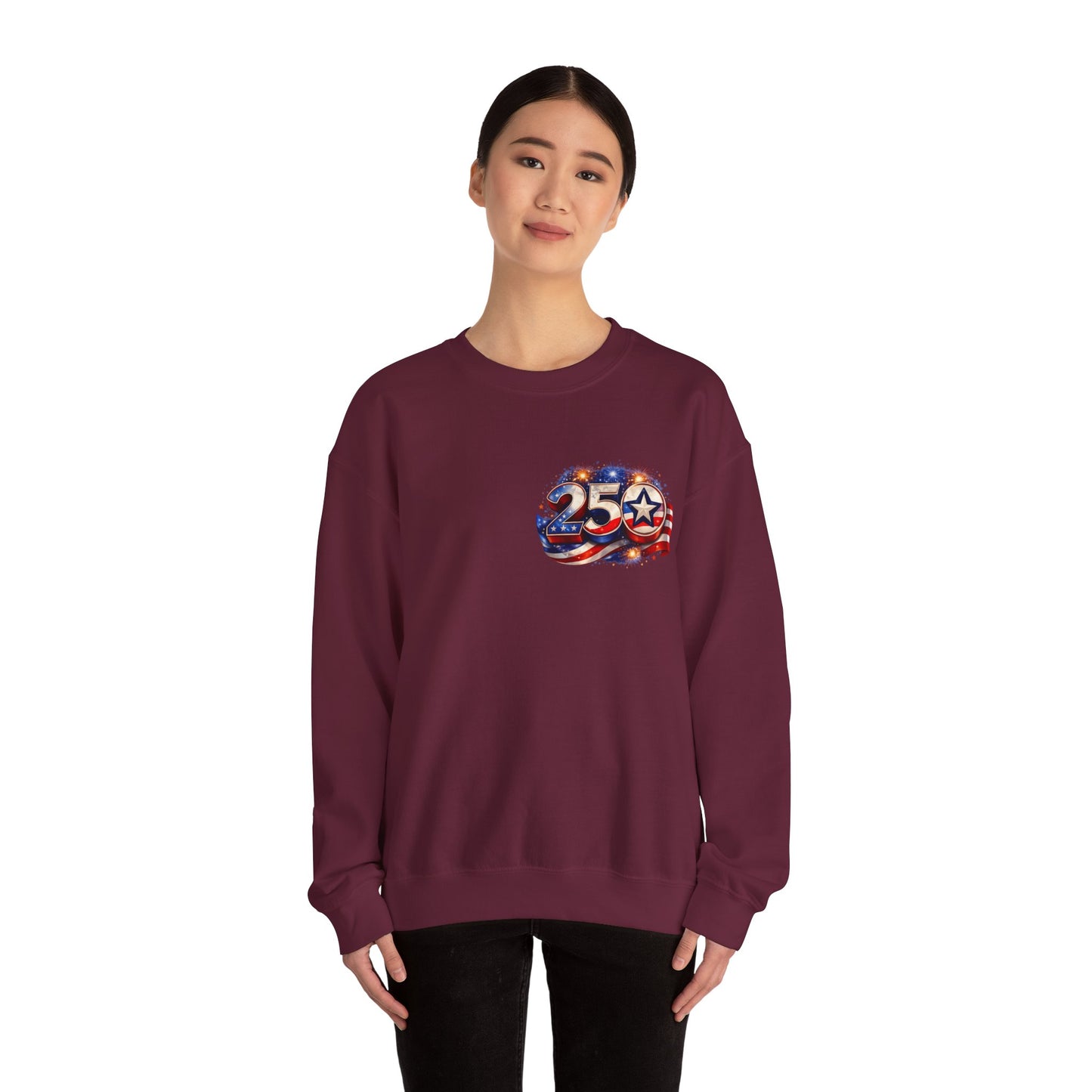 250th Anniversary USA Flag Crewneck Sweatshirt — Patriotic 25 Celebration Design Front and Back