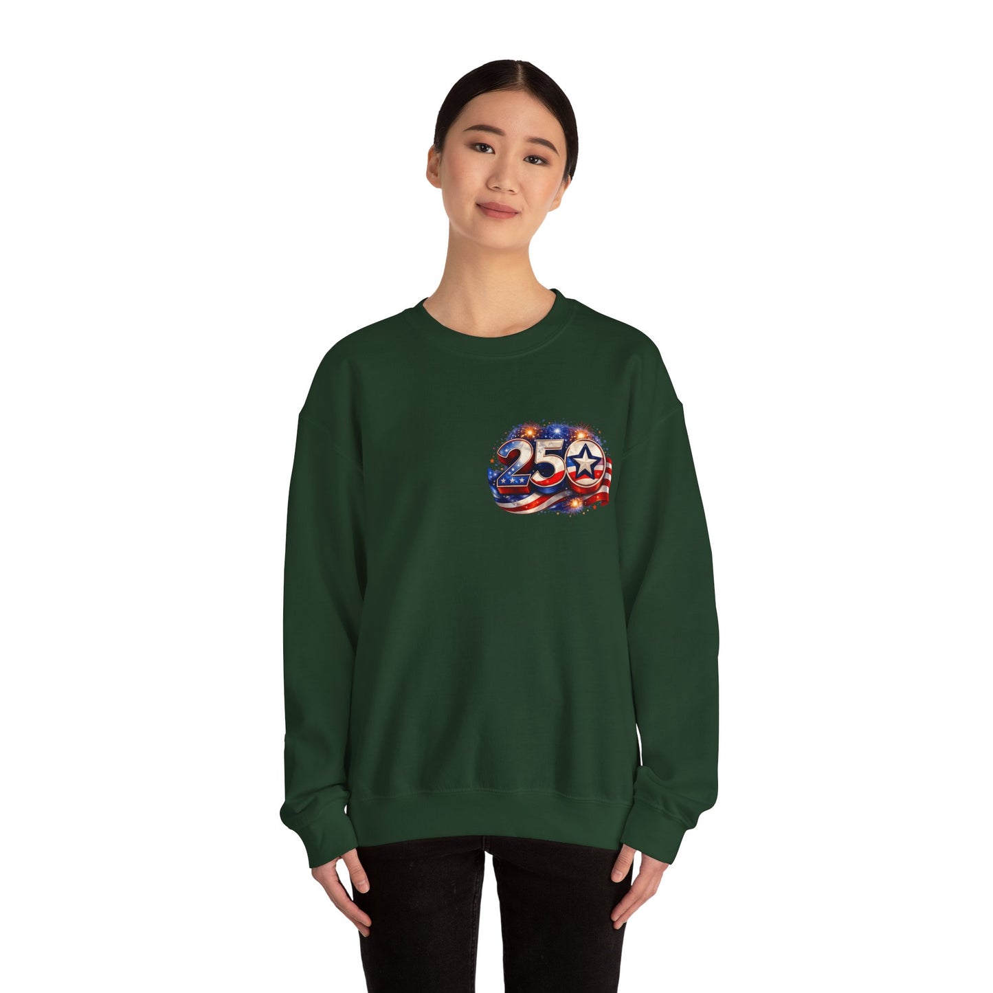 250th Anniversary USA Flag Crewneck Sweatshirt — Patriotic 25 Celebration Design Front and Back
