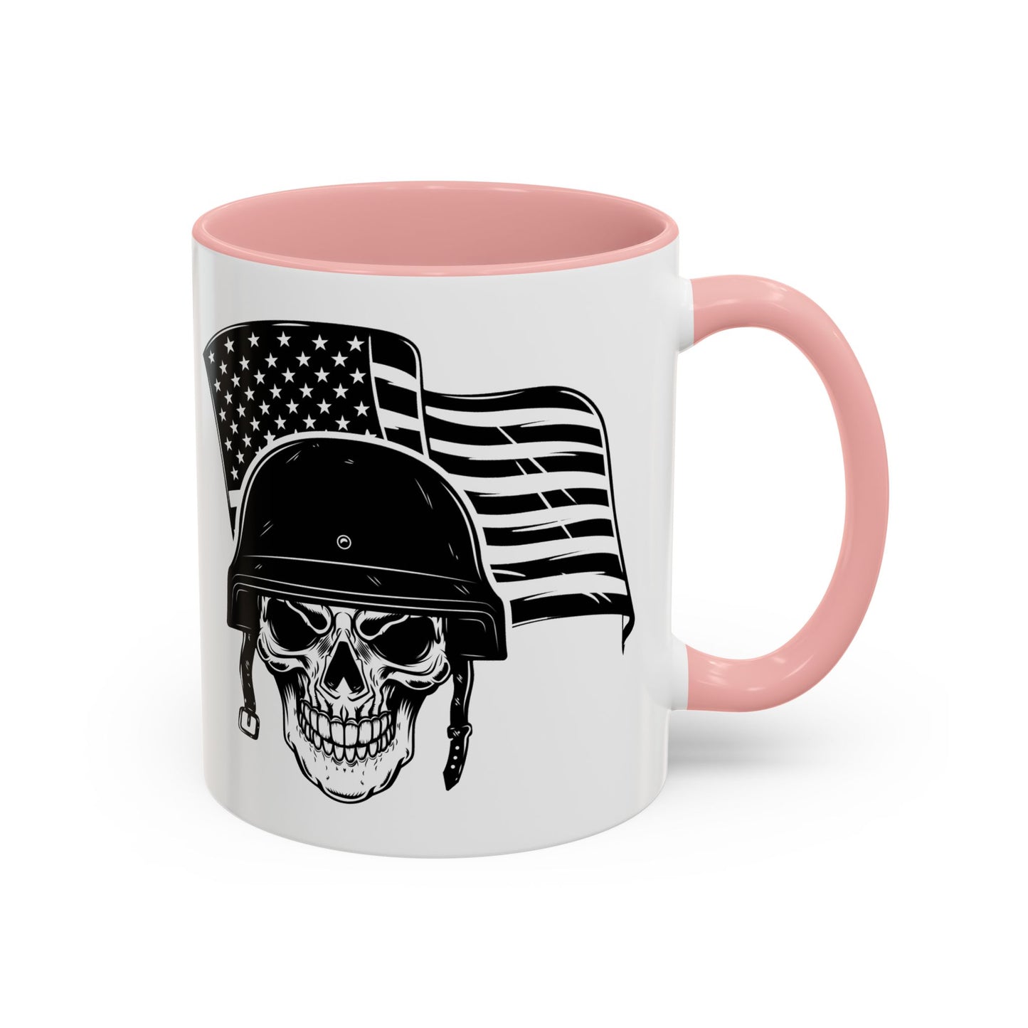 American Skull Soldier Coffee Mug — Military Helmet with US Flag (11/15oz)