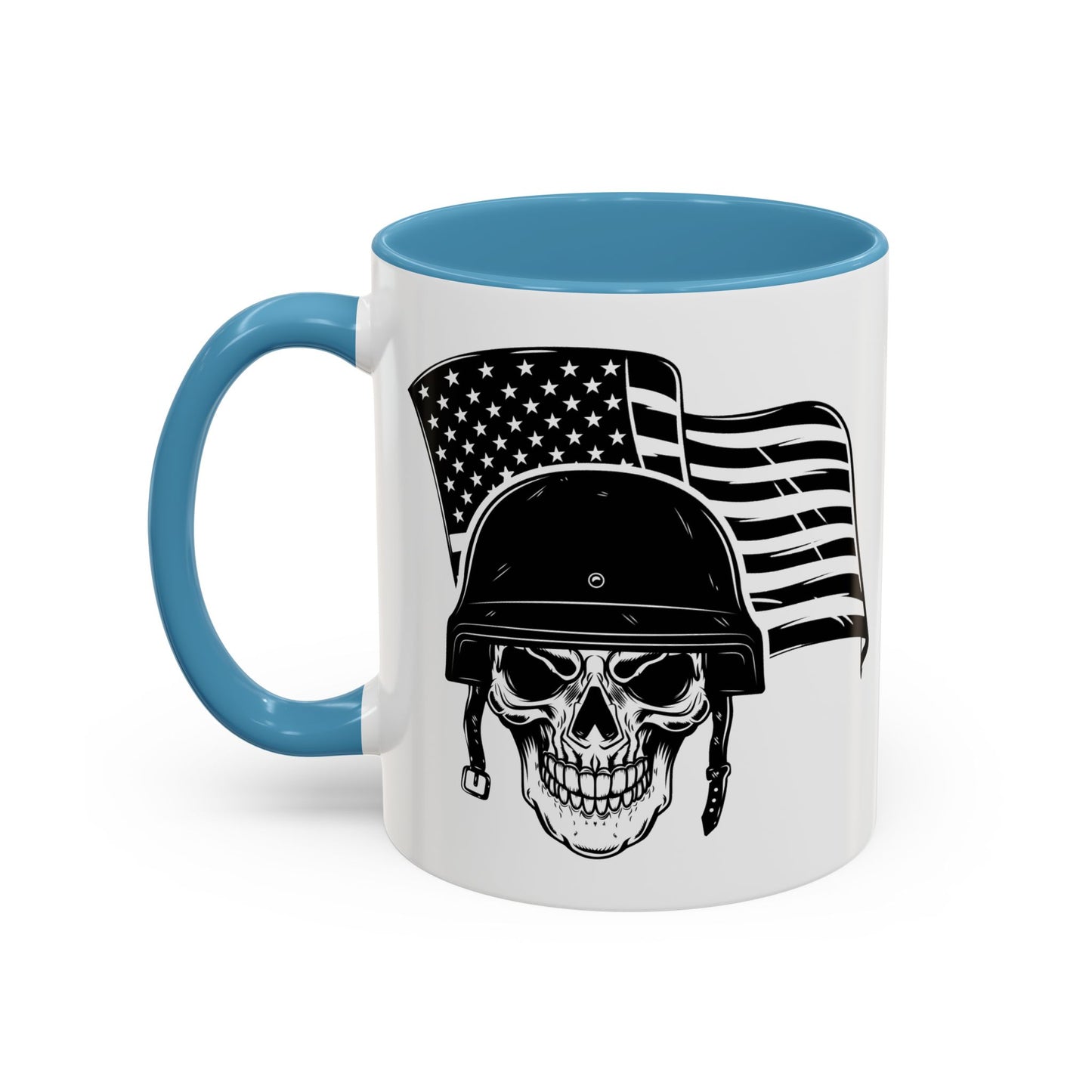 American Skull Soldier Coffee Mug — Military Helmet with US Flag (11/15oz)