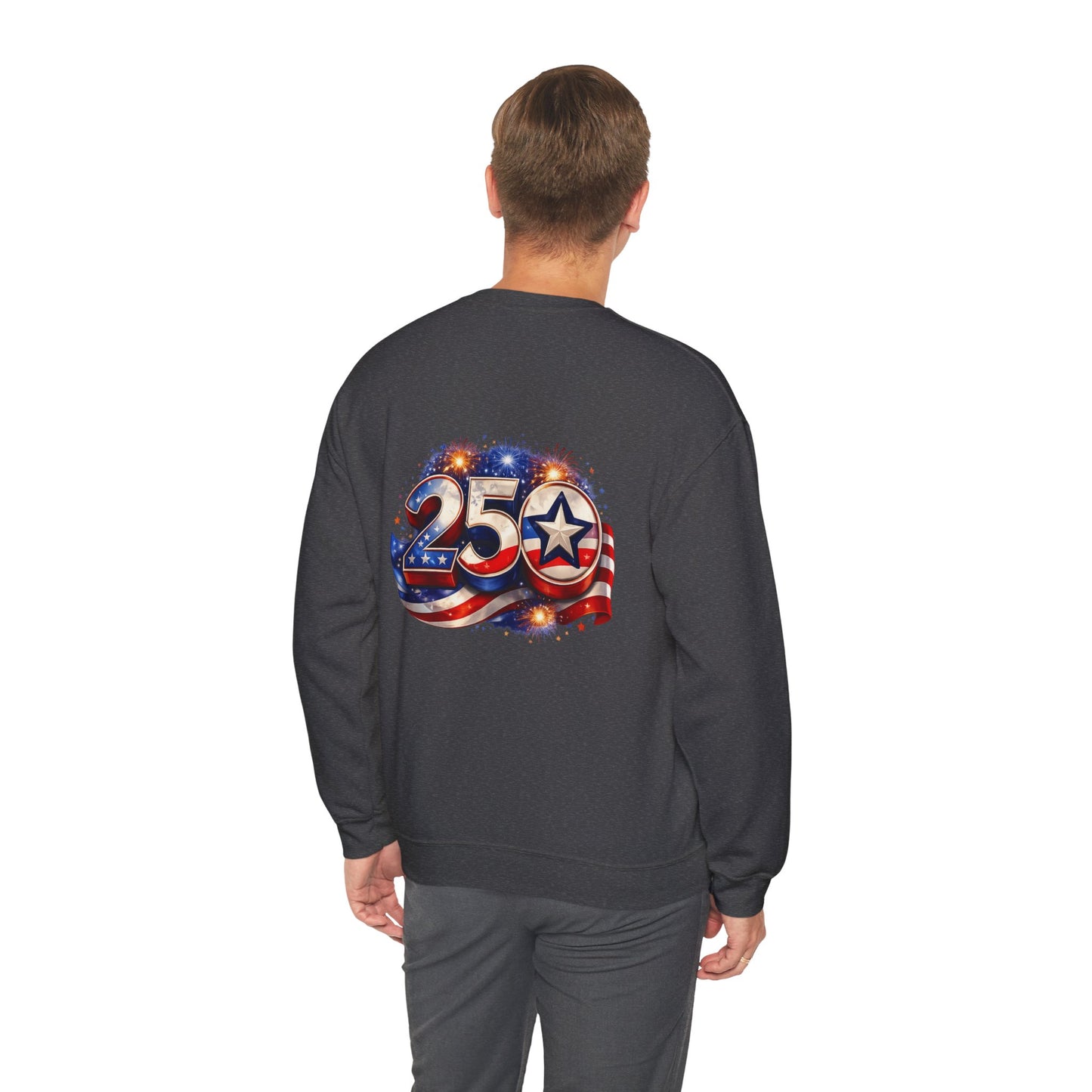 250th Anniversary USA Flag Crewneck Sweatshirt — Patriotic 25 Celebration Design Front and Back