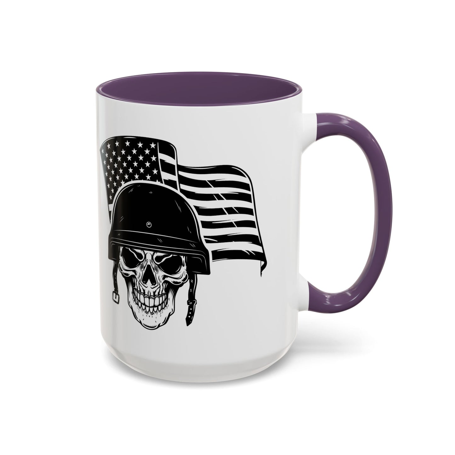 American Skull Soldier Coffee Mug — Military Helmet with US Flag (11/15oz)